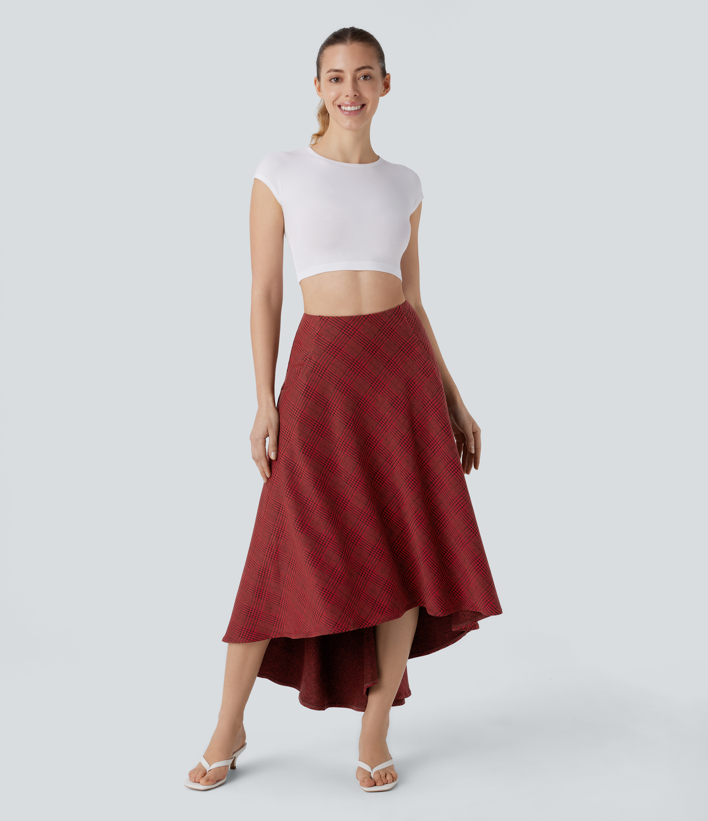 Halara High Waisted Side Pocket High Low Flowy Houndstooth Plaid Maxi Casual Skirt  - Burgundy Houndstooth Pattern - L(regular) 