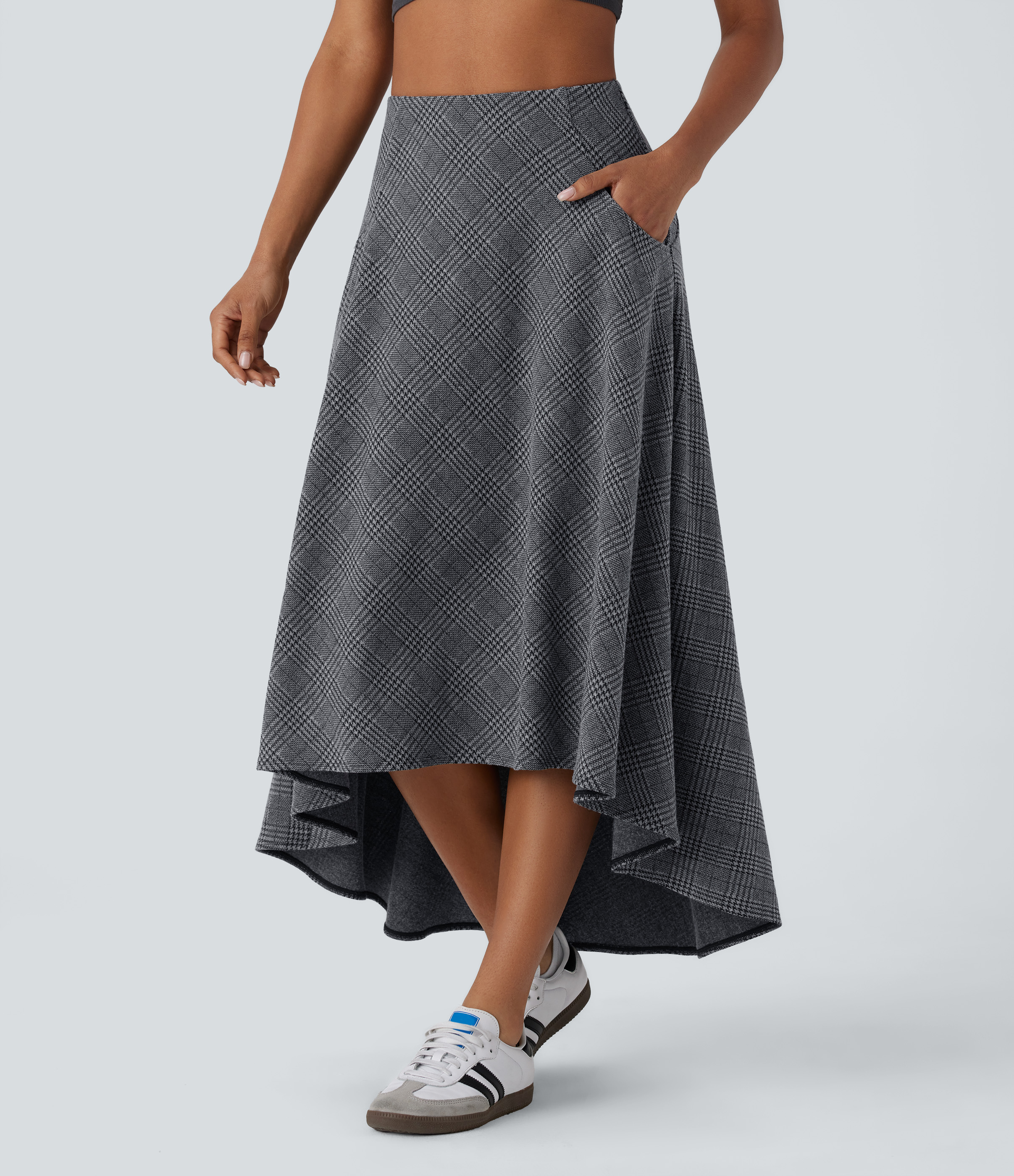 Halara High Waisted Side Pocket High Low Flowy Houndstooth Plaid Maxi Casual Skirt  - Dark Gray Plaid - S(regular) 