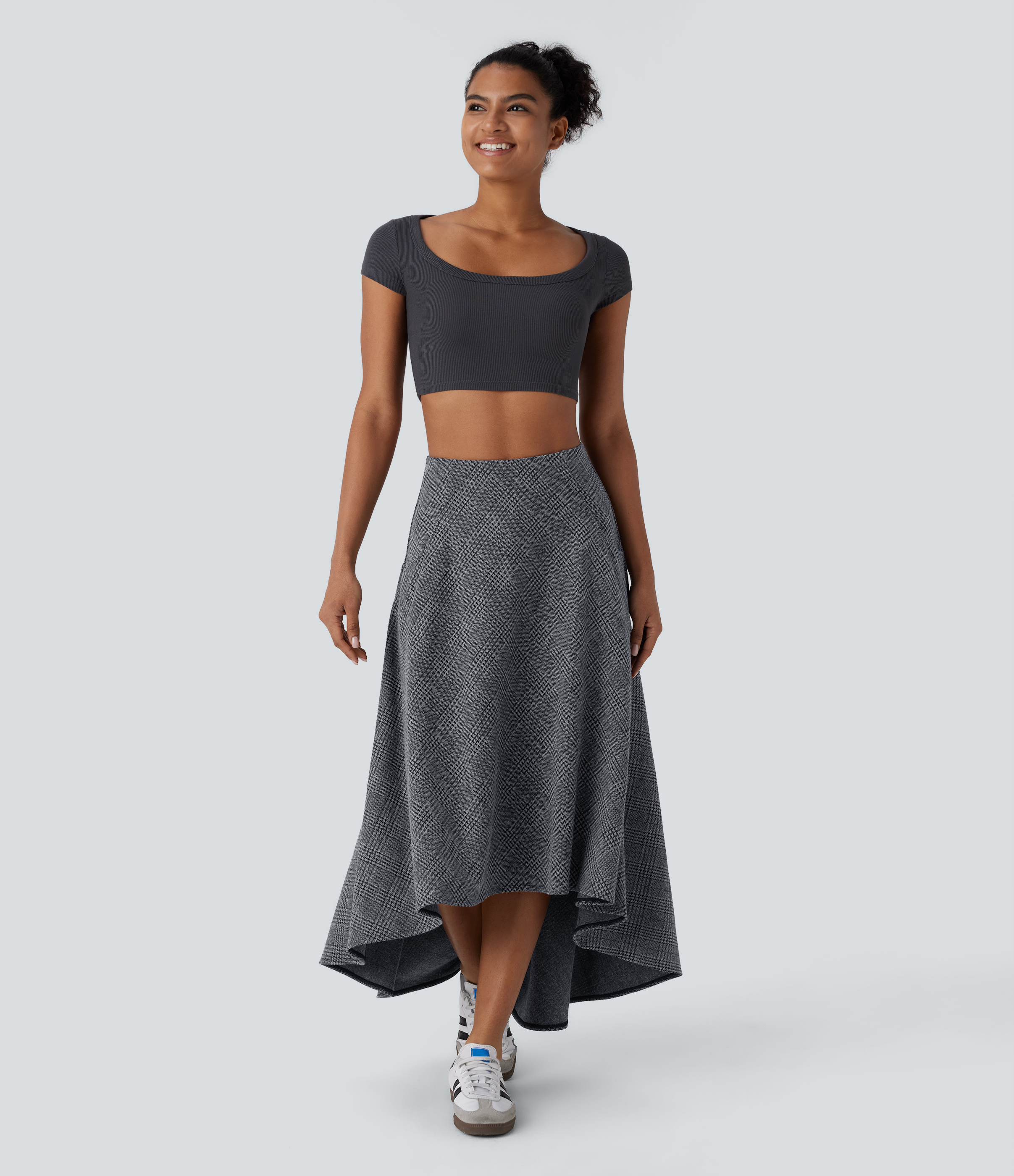 Halara High Waisted Side Pocket High Low Flowy Houndstooth Plaid Maxi Casual Skirt  - Dark Gray Plaid - S(regular) 