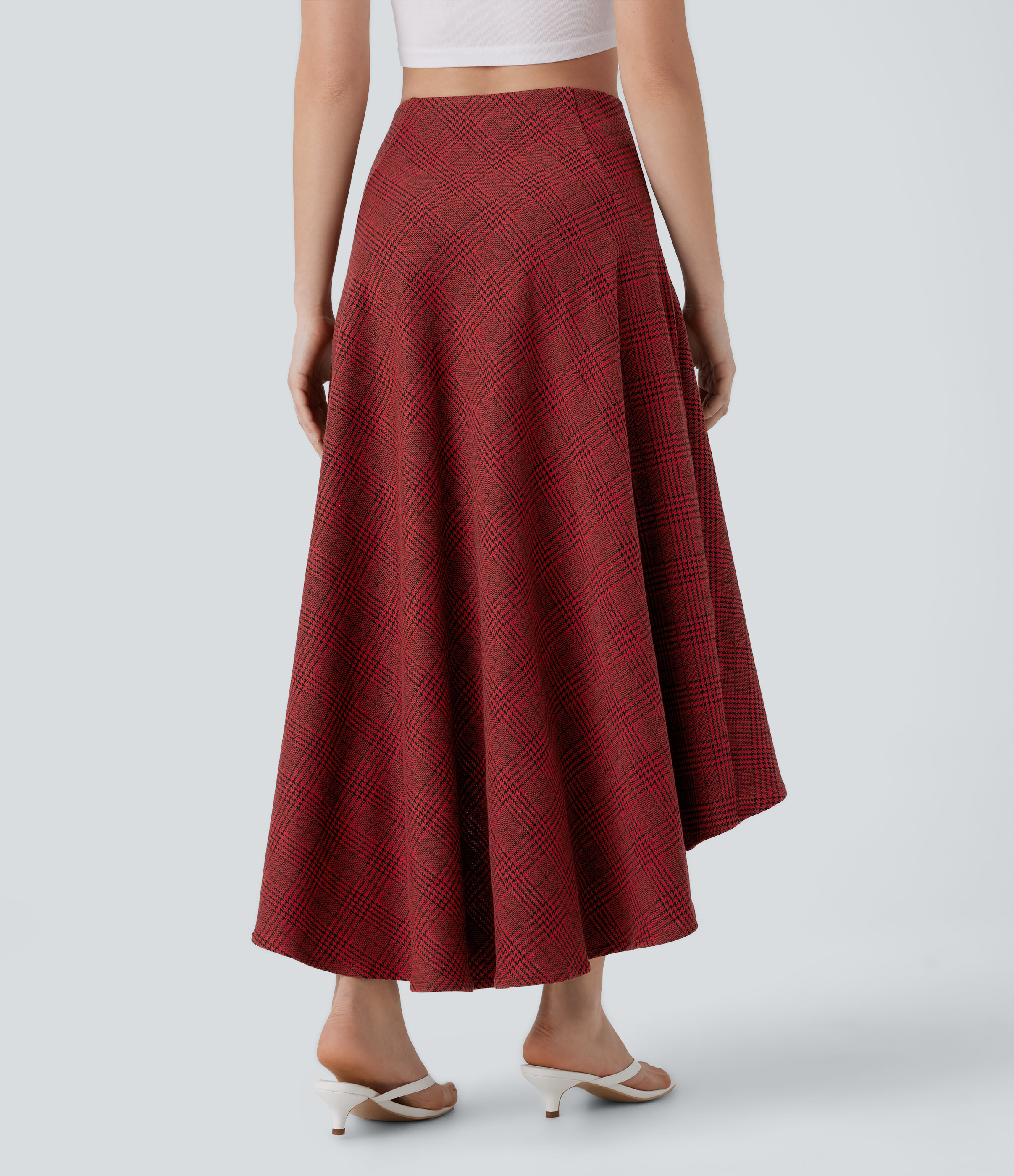 Halara High Waisted Side Pocket High Low Flowy Houndstooth Plaid Maxi Casual Skirt  - Burgundy Houndstooth Pattern - L(regular) 