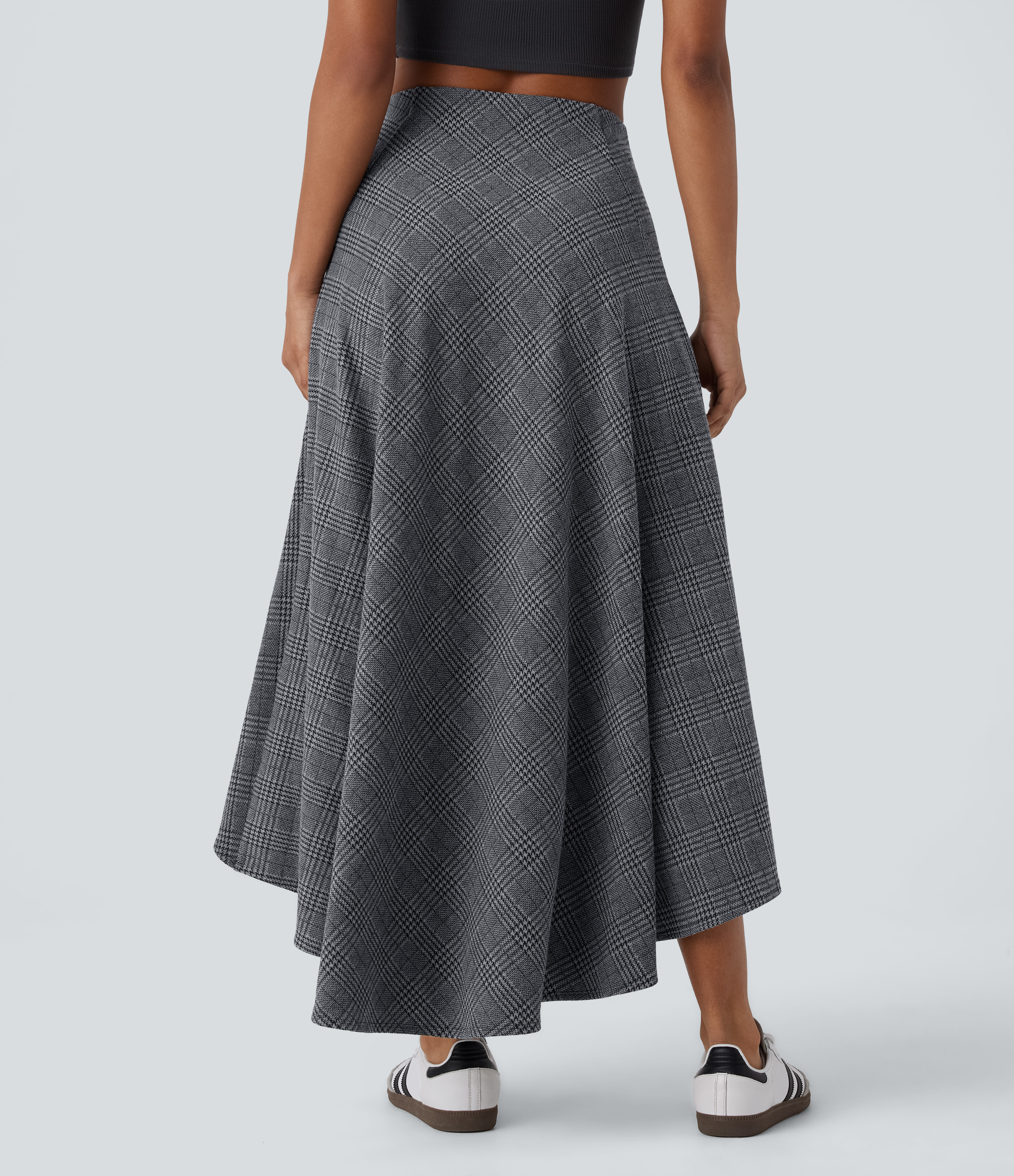 Halara High Waisted Side Pocket High Low Flowy Houndstooth Plaid Maxi Casual Skirt  - Dark Gray Plaid - S(regular) 