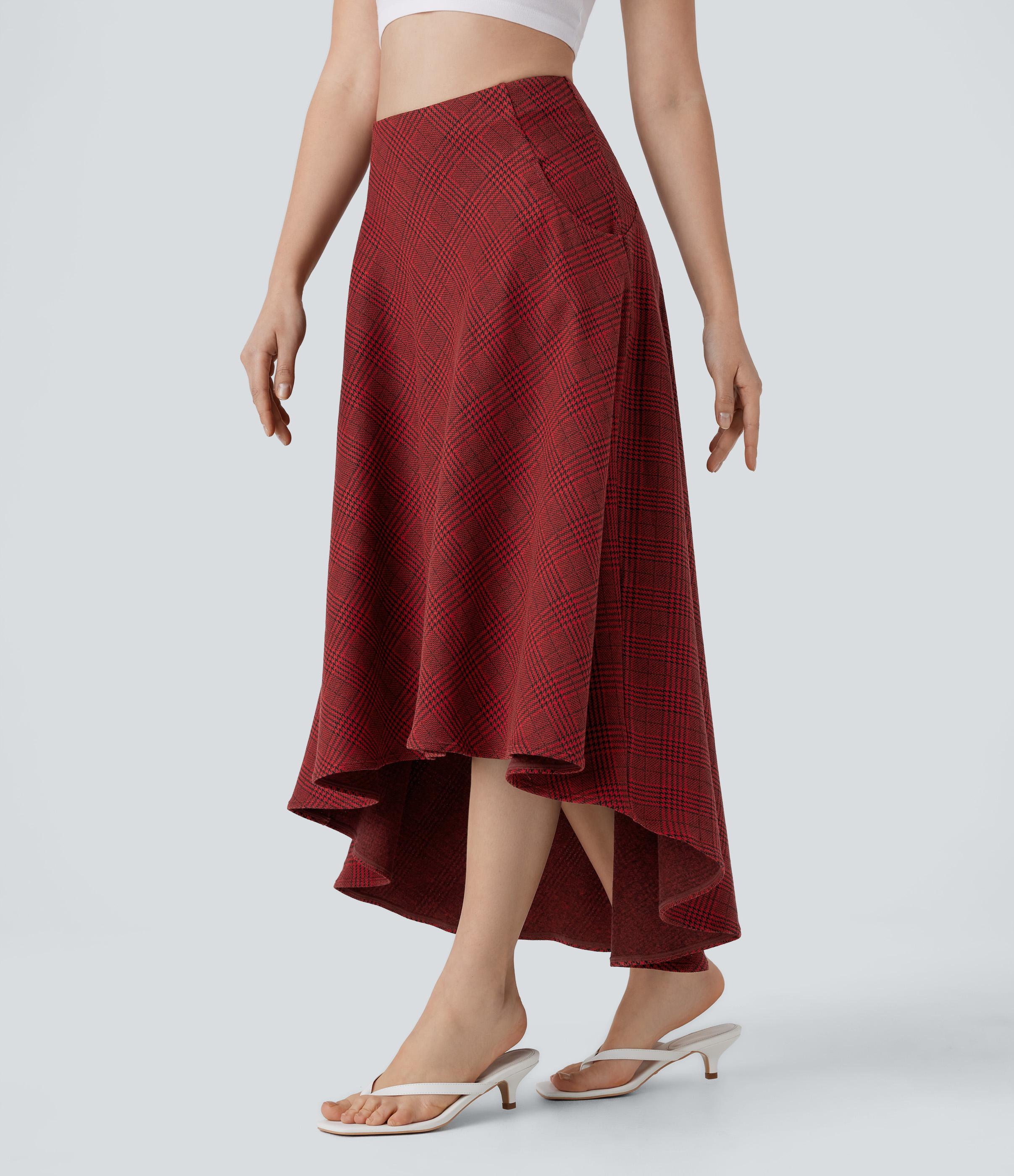 Halara High Waisted Side Pocket High Low Flowy Houndstooth Plaid Maxi Casual Skirt  - Burgundy Houndstooth Pattern - L(regular) 