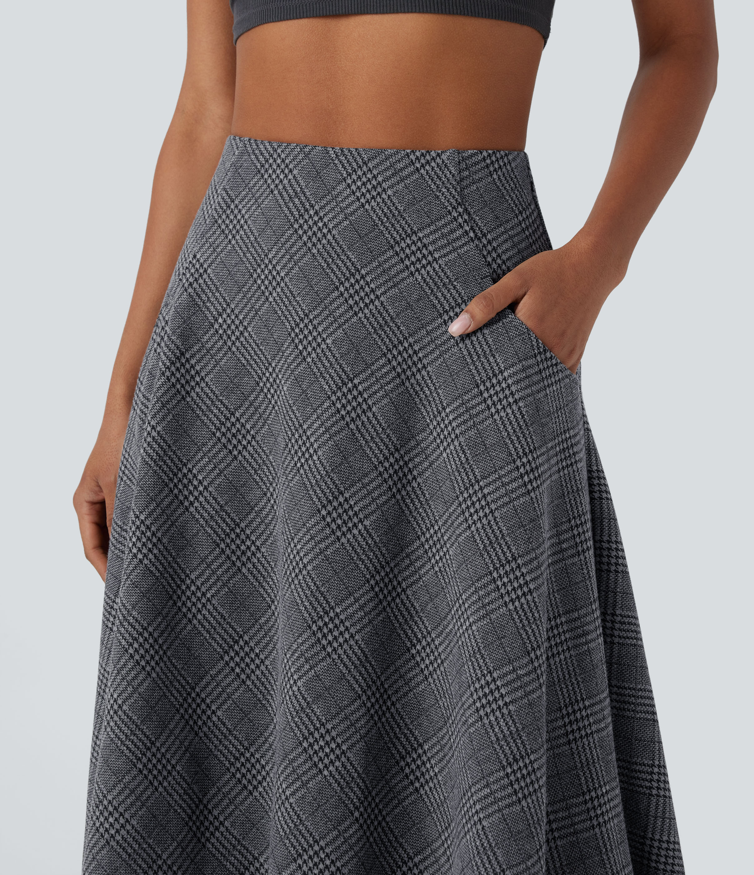 Halara High Waisted Side Pocket High Low Flowy Houndstooth Plaid Maxi Casual Skirt  - Dark Gray Plaid - S(regular) 