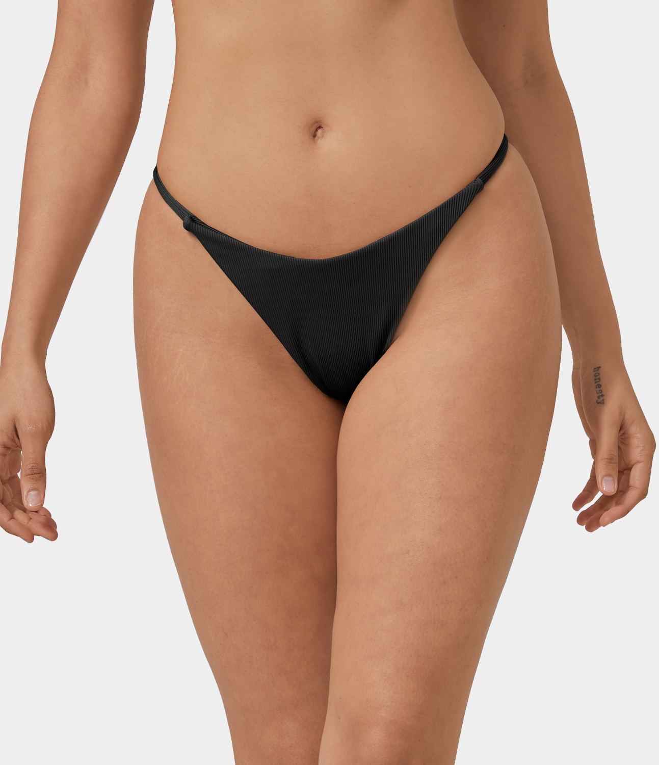 Halara Ribbed Knit Thong Bikini Bottom  - Black - L 