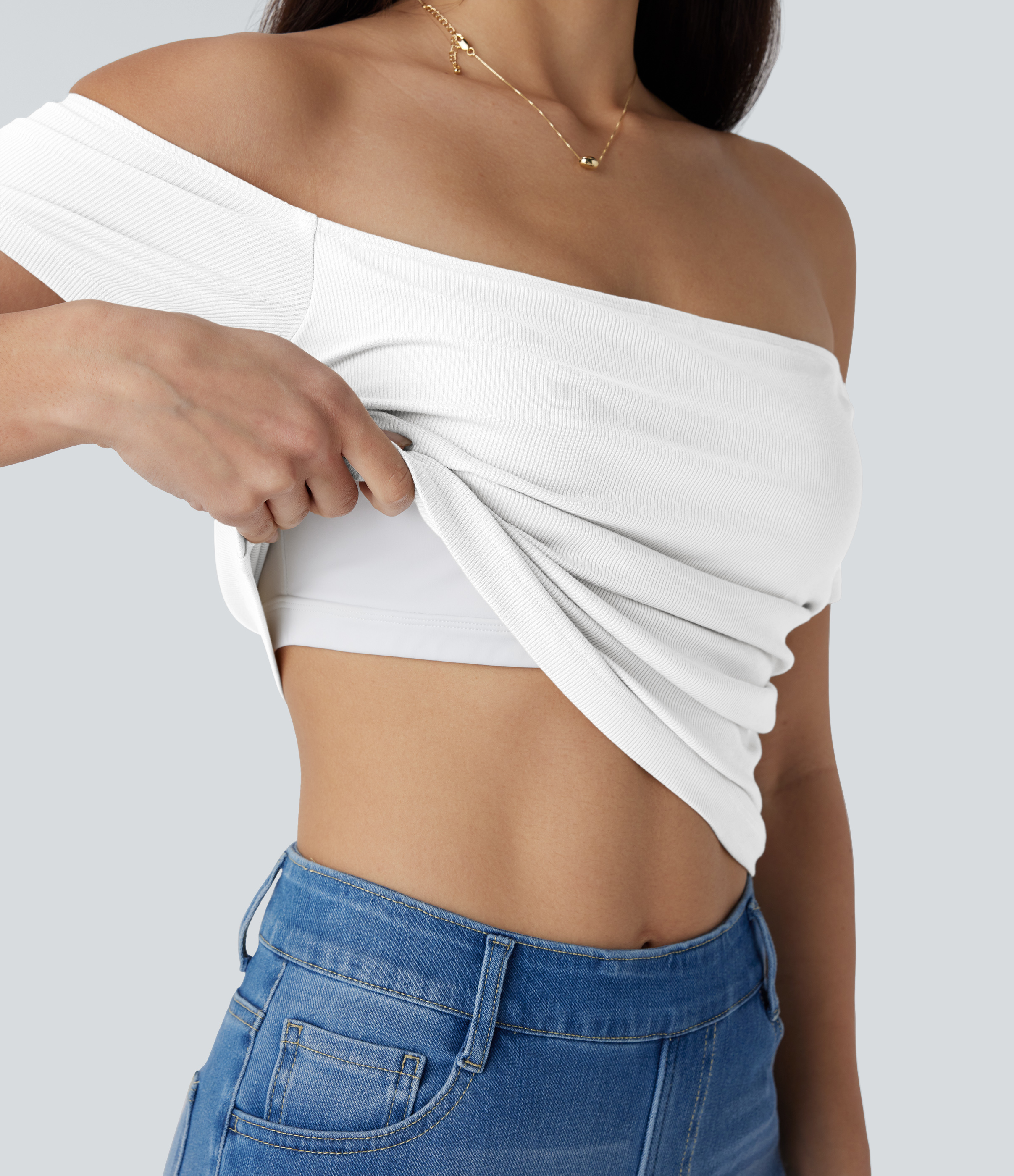 Ribbed Knit Off Shoulder Short Sleeve 2-in-1 Casual Top