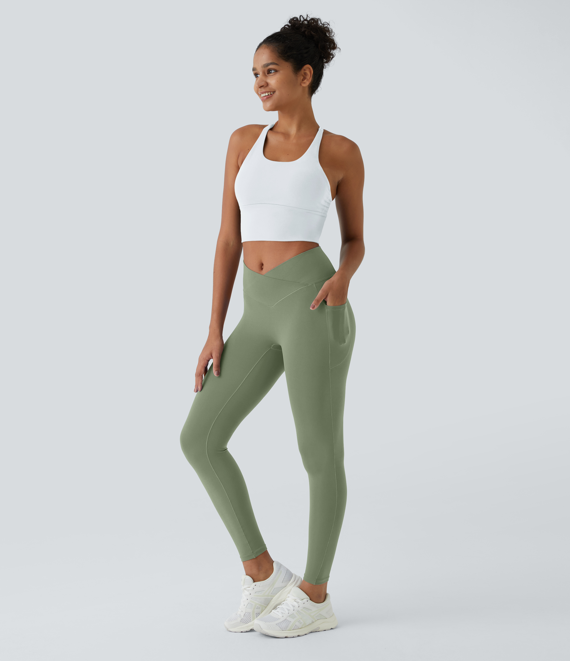 Halara CloudfulВ® Crossover Pocket Plain Leggings  - Loden Frost - M(full_length) gym leggings leggings with pockets leggings with butt lift 