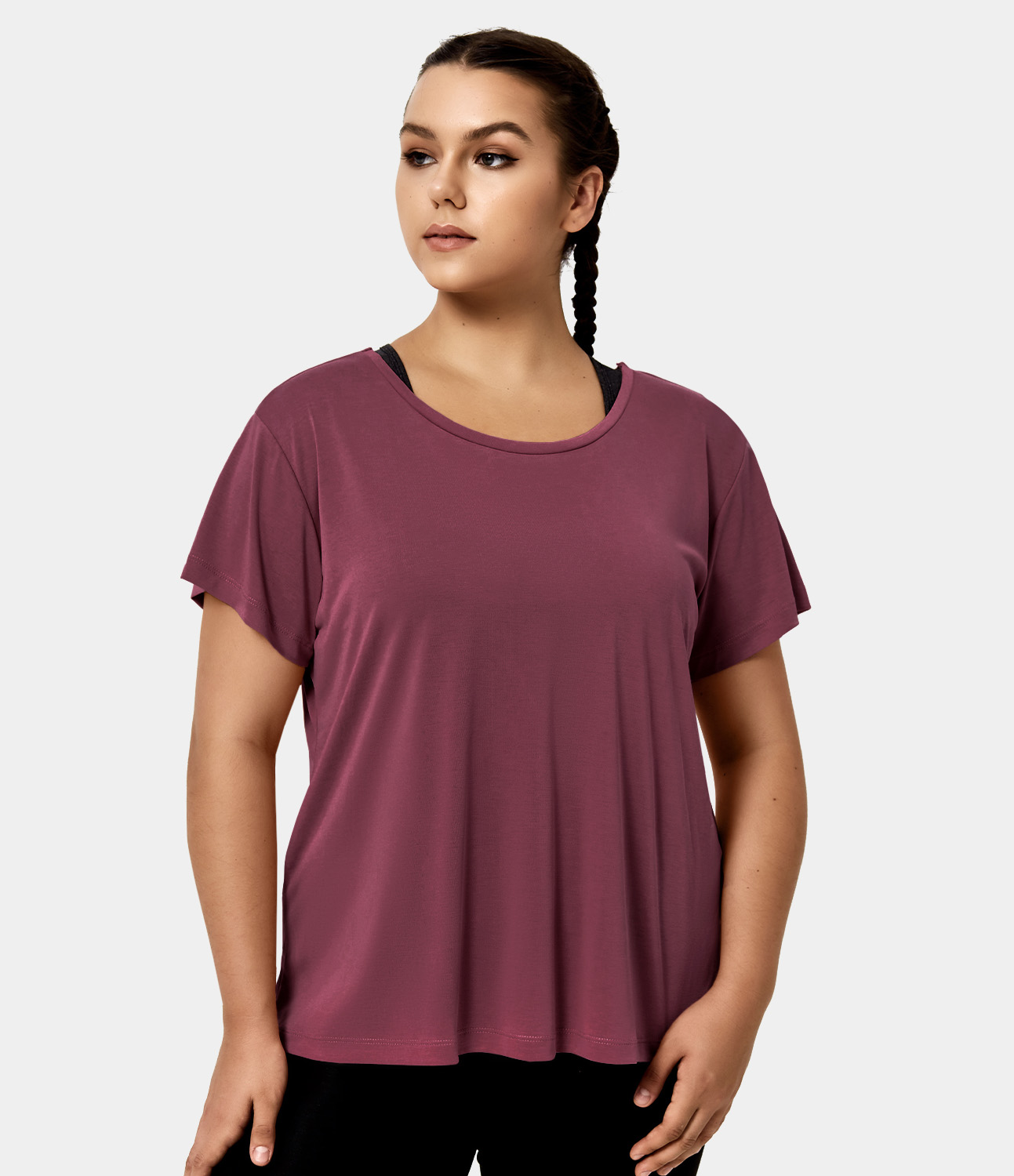 

Halara Round Neck Crisscross Plain Plus Size Sports Top - Oxblood Red