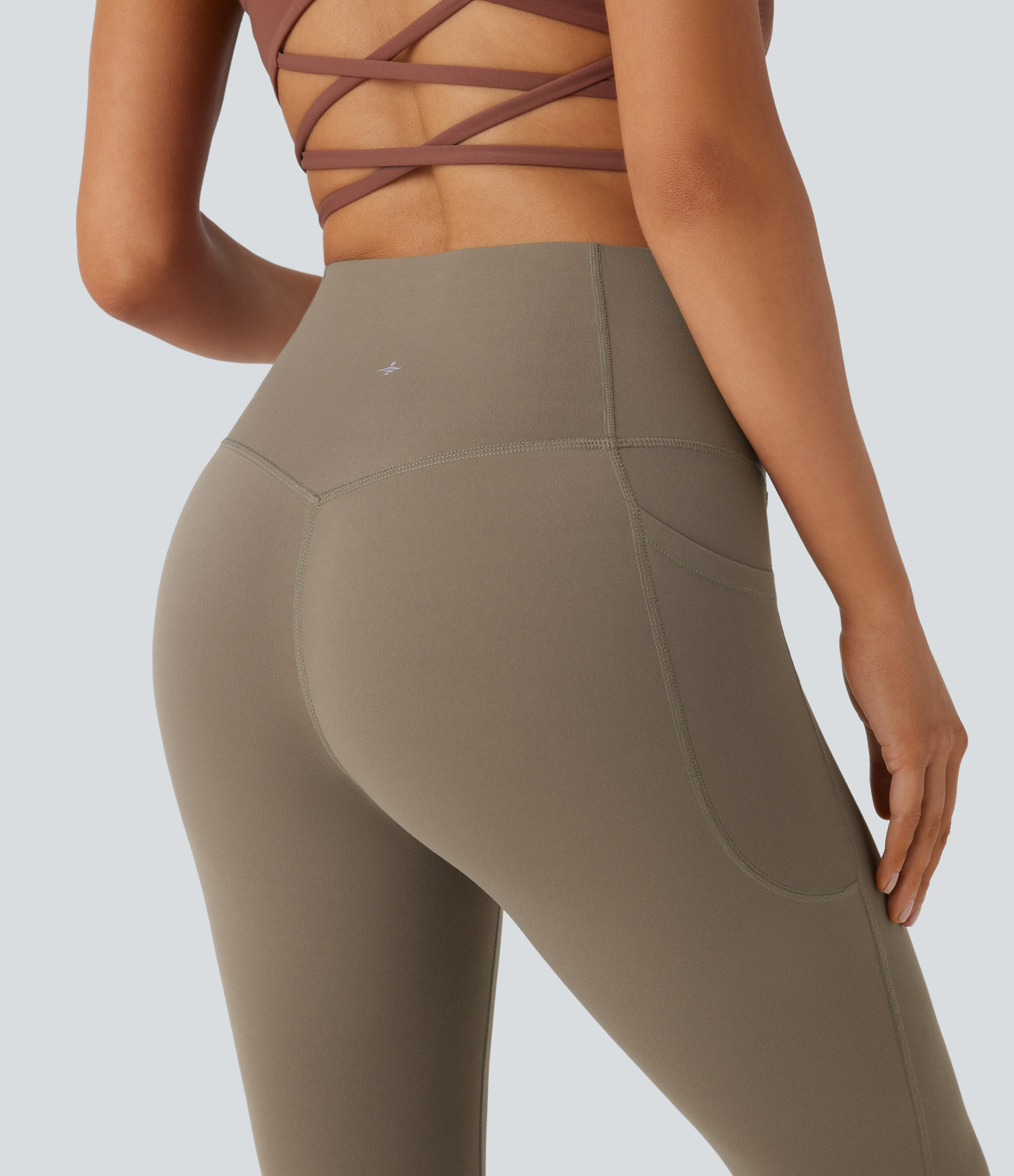 Halara SoCinched High Waisted Tummy Control Side Pocket Shaping Yoga UltraSculpt Bootcut Leggings  - Dawn Brown - XS(regular) gym leggings 