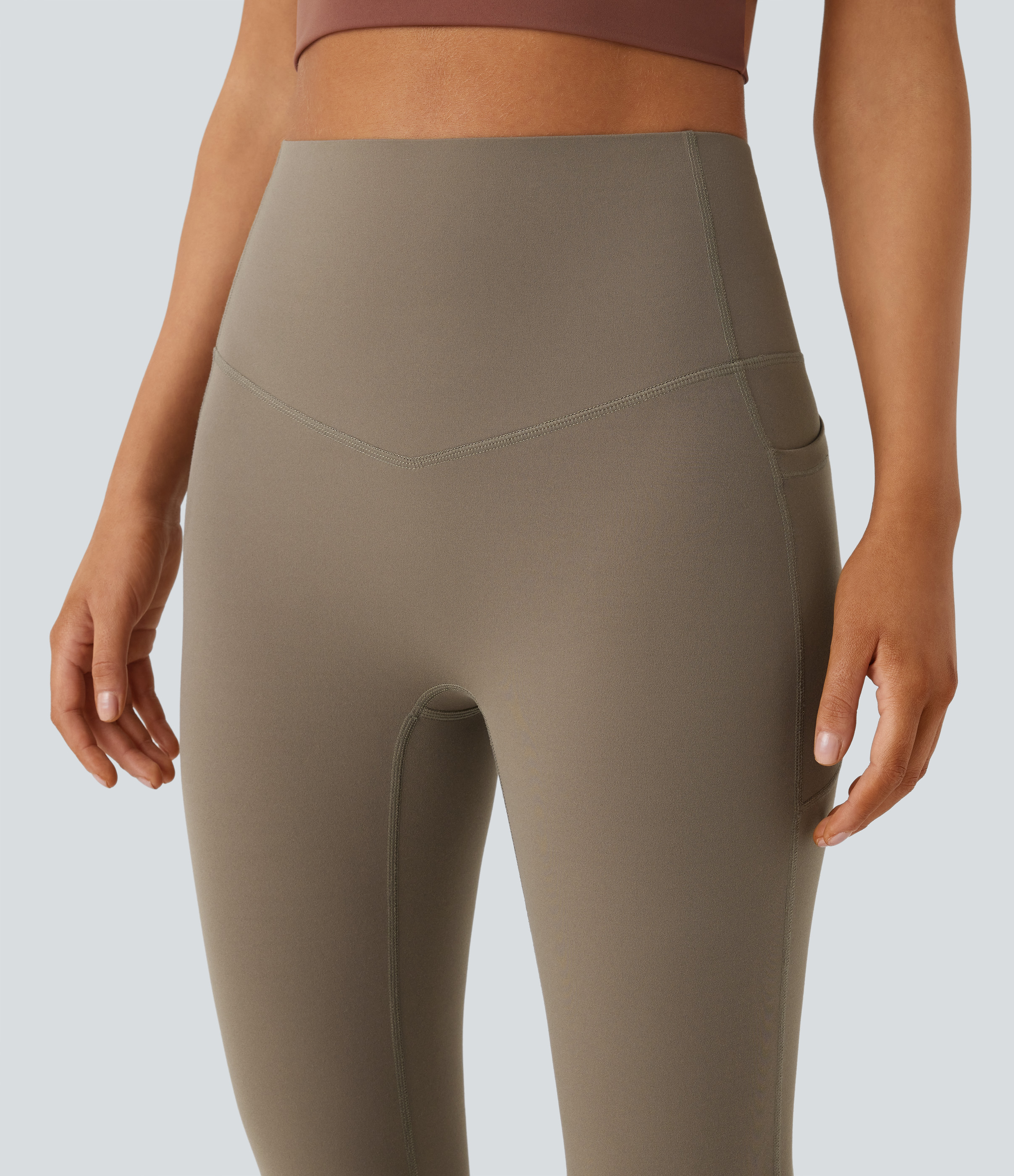 Halara SoCinched High Waisted Tummy Control Side Pocket Shaping Yoga UltraSculpt Bootcut Leggings  - Dawn Brown - XS(regular) gym leggings 