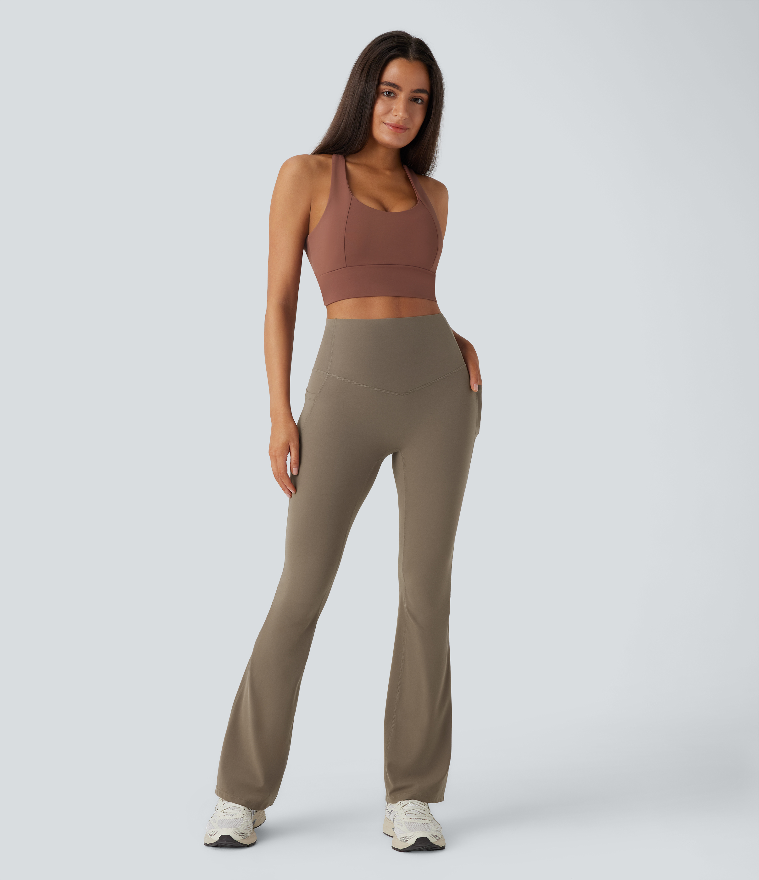 Halara SoCinched High Waisted Tummy Control Side Pocket Shaping Yoga UltraSculpt Bootcut Leggings  - Dawn Brown - XS(regular) gym leggings 