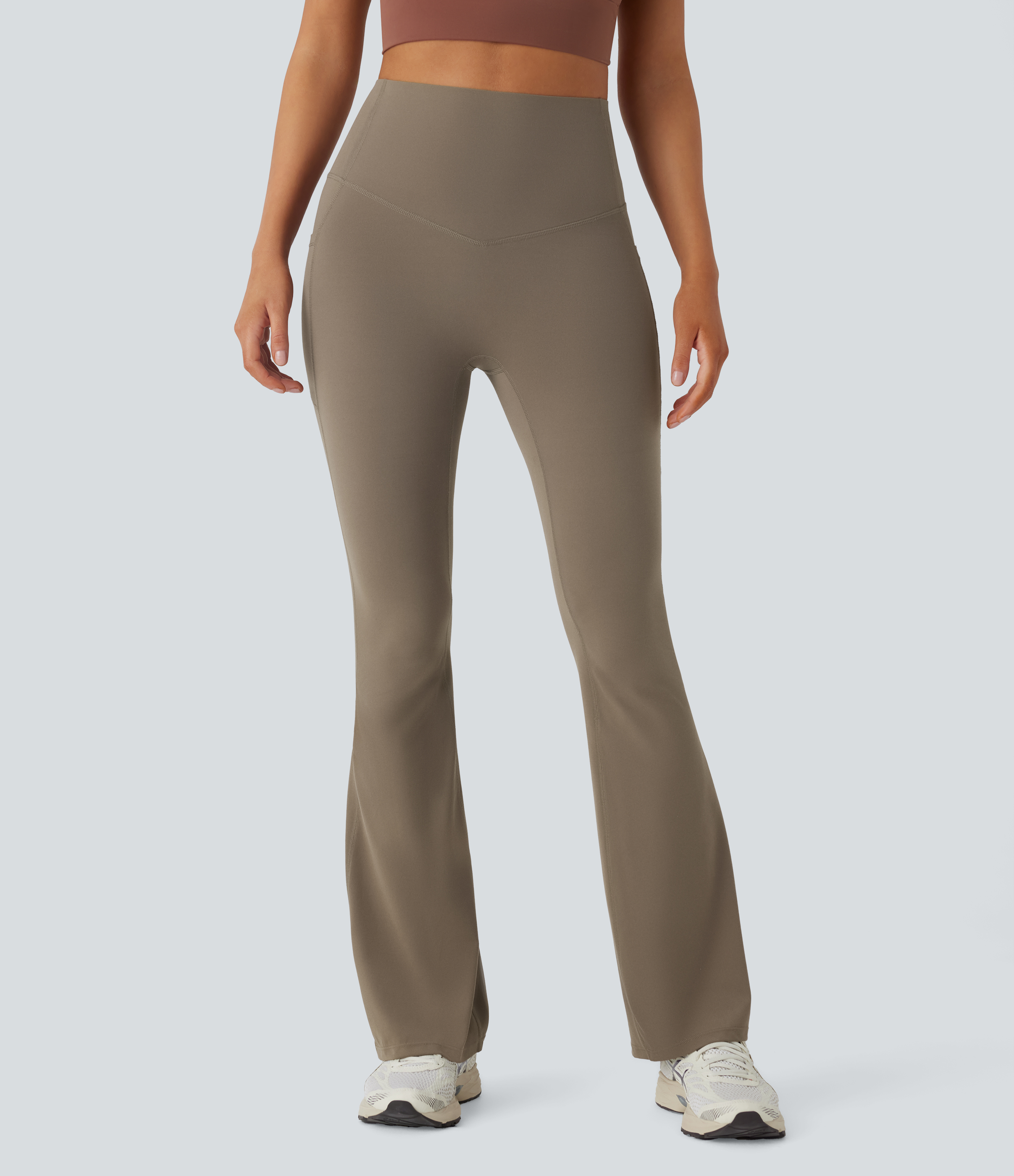 Halara SoCinched High Waisted Tummy Control Side Pocket Shaping Yoga UltraSculpt Bootcut Leggings  - Dawn Brown - XS(regular) gym leggings 
