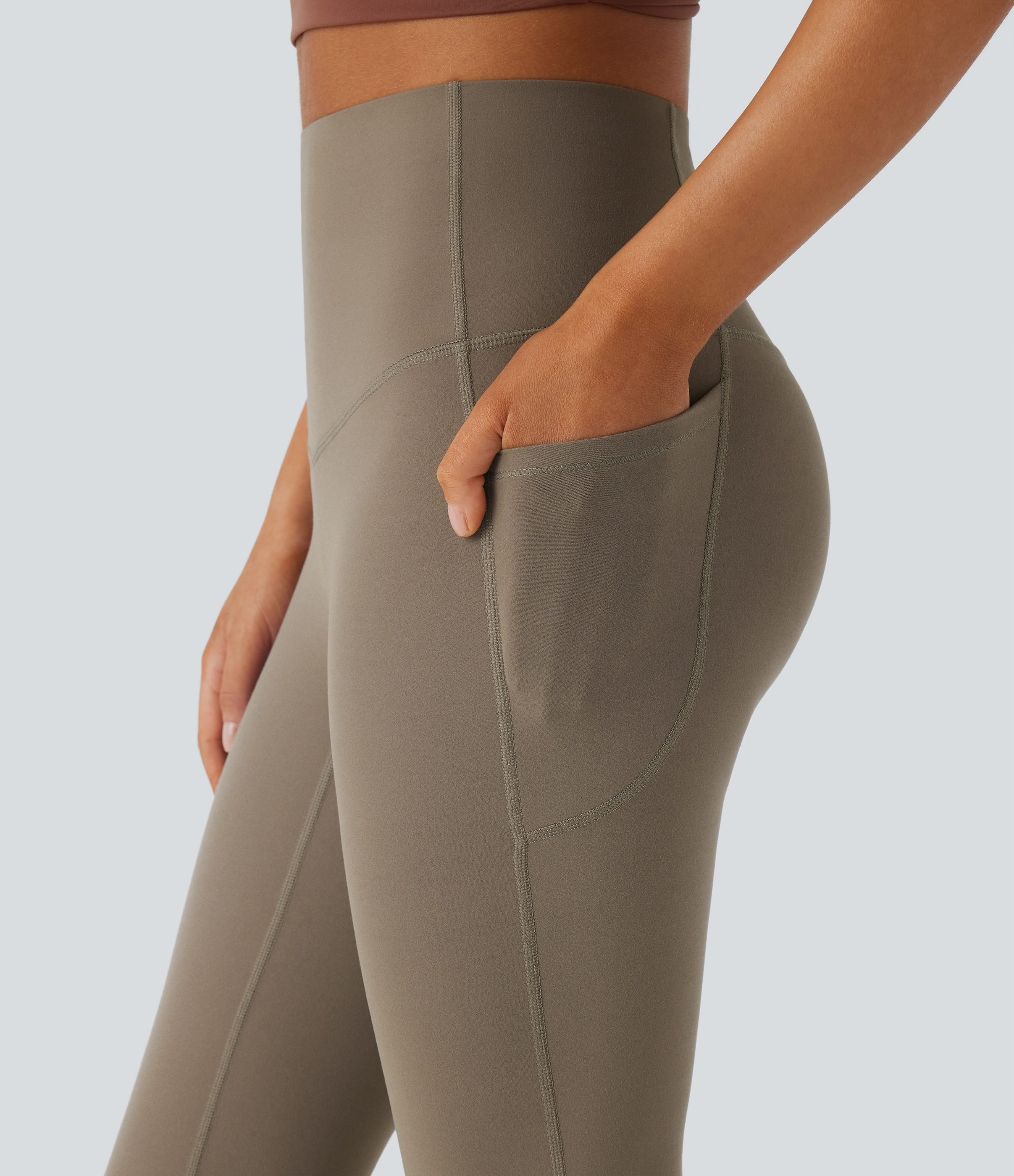 Halara SoCinched High Waisted Tummy Control Side Pocket Shaping Yoga UltraSculpt Bootcut Leggings  - Dawn Brown - XS(regular) gym leggings 