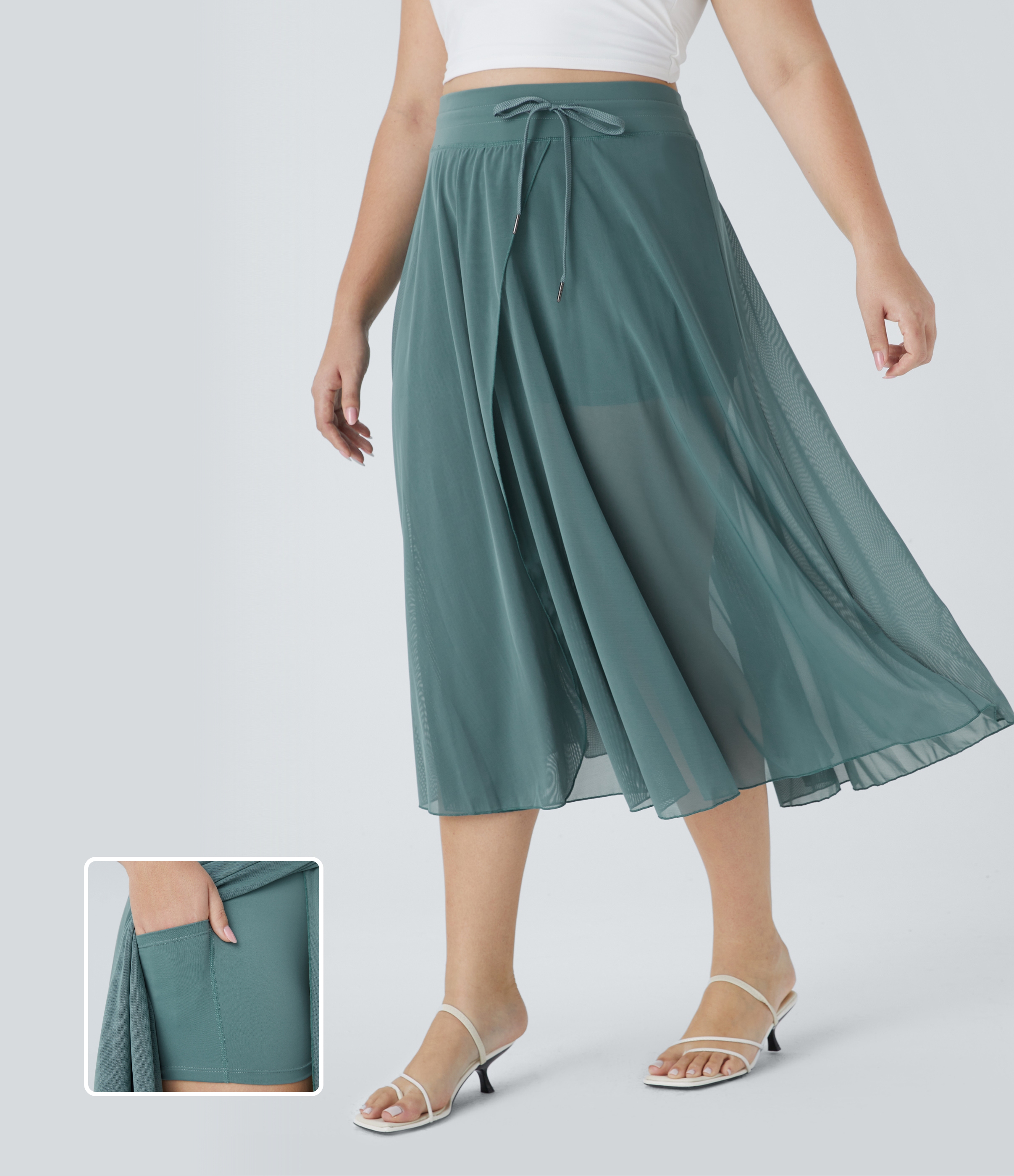 Plus size flared mid-calf flowy skirt with side pocket, 2-in-1 contrast mesh drawstring, high waist