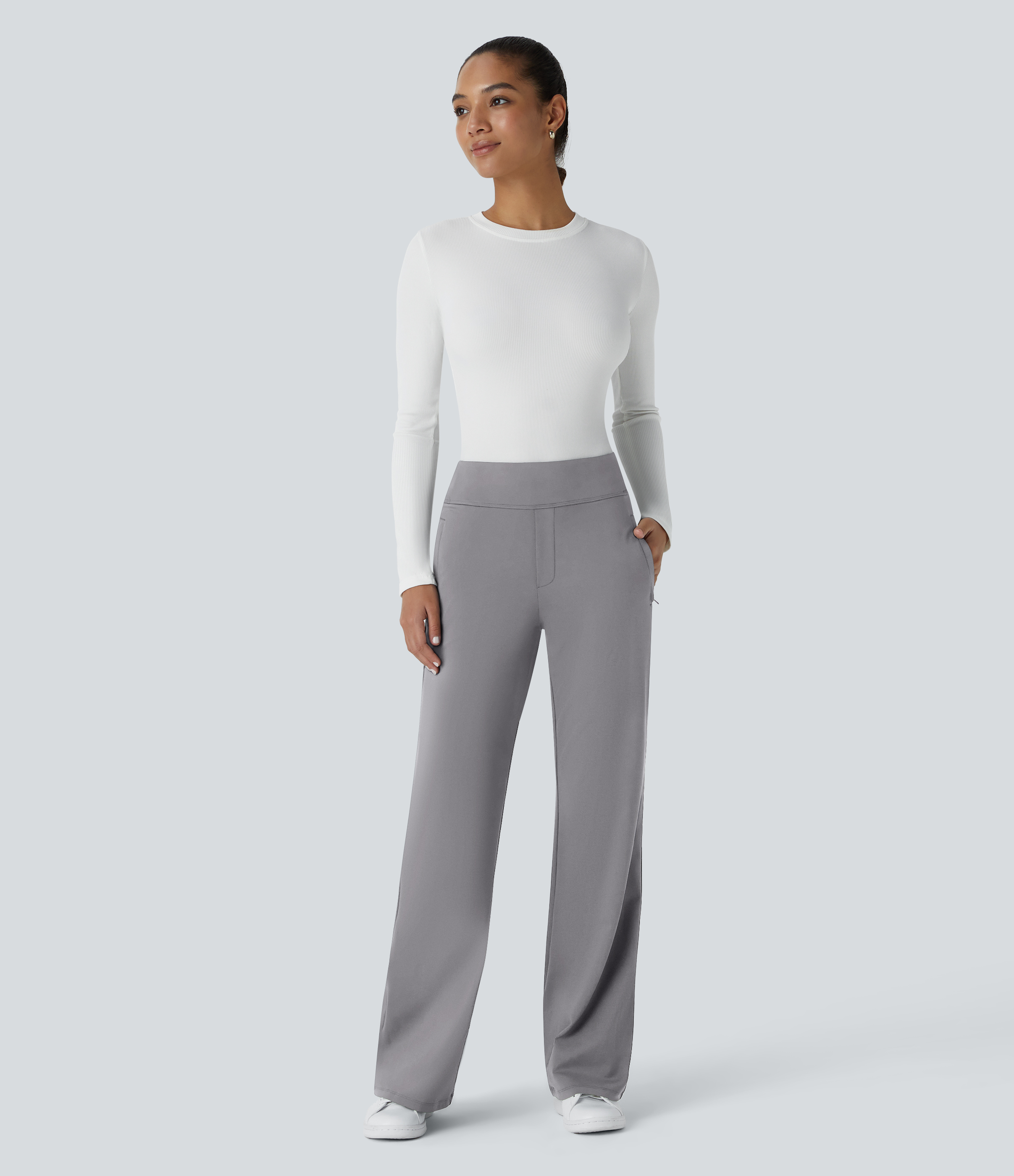 Halara Halara Flexв„ў High Waisted Side Zipper Pocket Work Flare Pants  - Silent Storm - S(regular) sweatpants jogger pants stacked sweatpants 