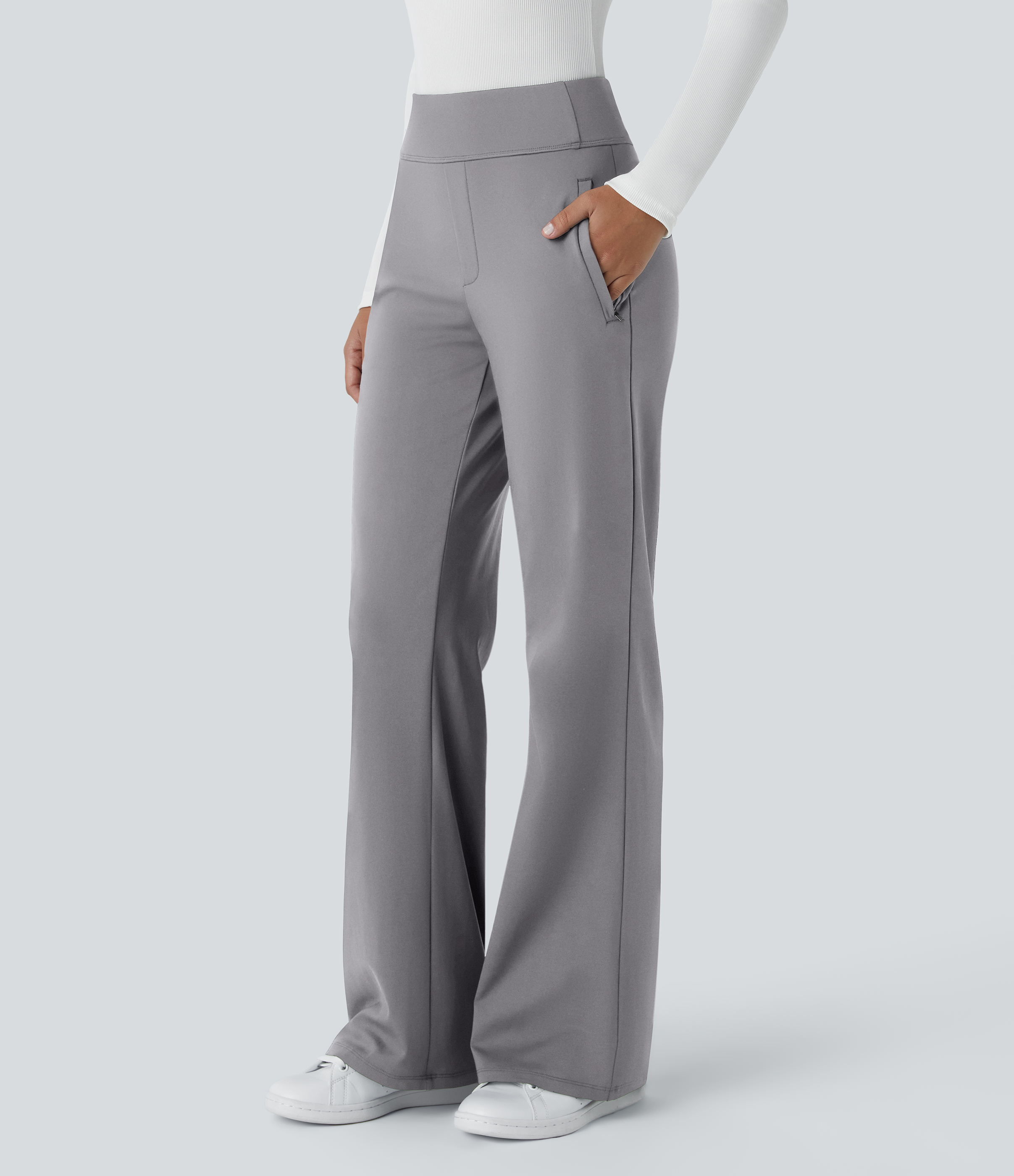 Halara Halara Flexв„ў High Waisted Side Zipper Pocket Work Flare Pants  - Silent Storm - S(regular) sweatpants jogger pants stacked sweatpants 