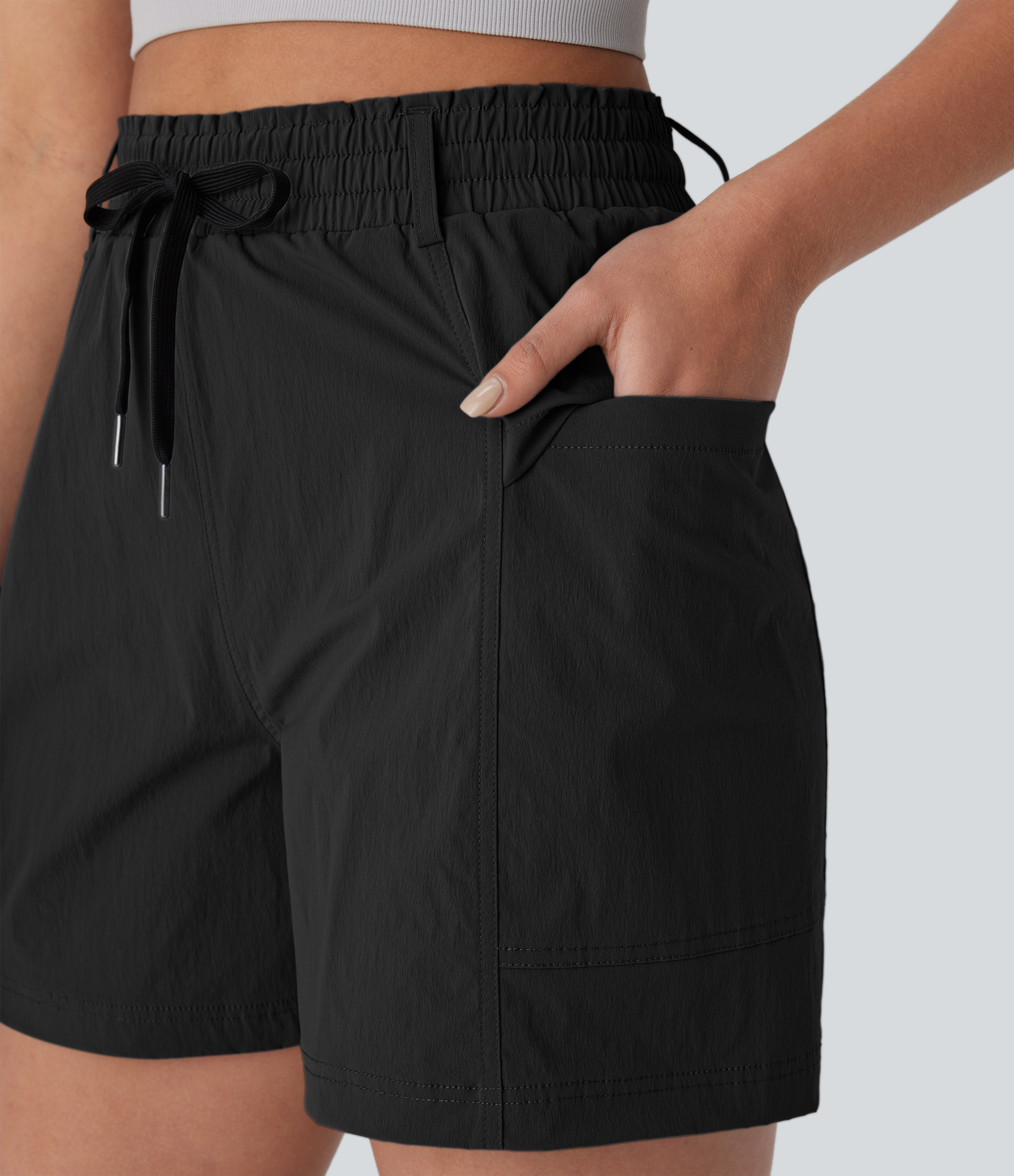 Halara Frill High Waisted Drawstring Side Pocket Hiking Shorts 5`` Gym Short - Black - XL booty shorts compression shorts yoga shorts 