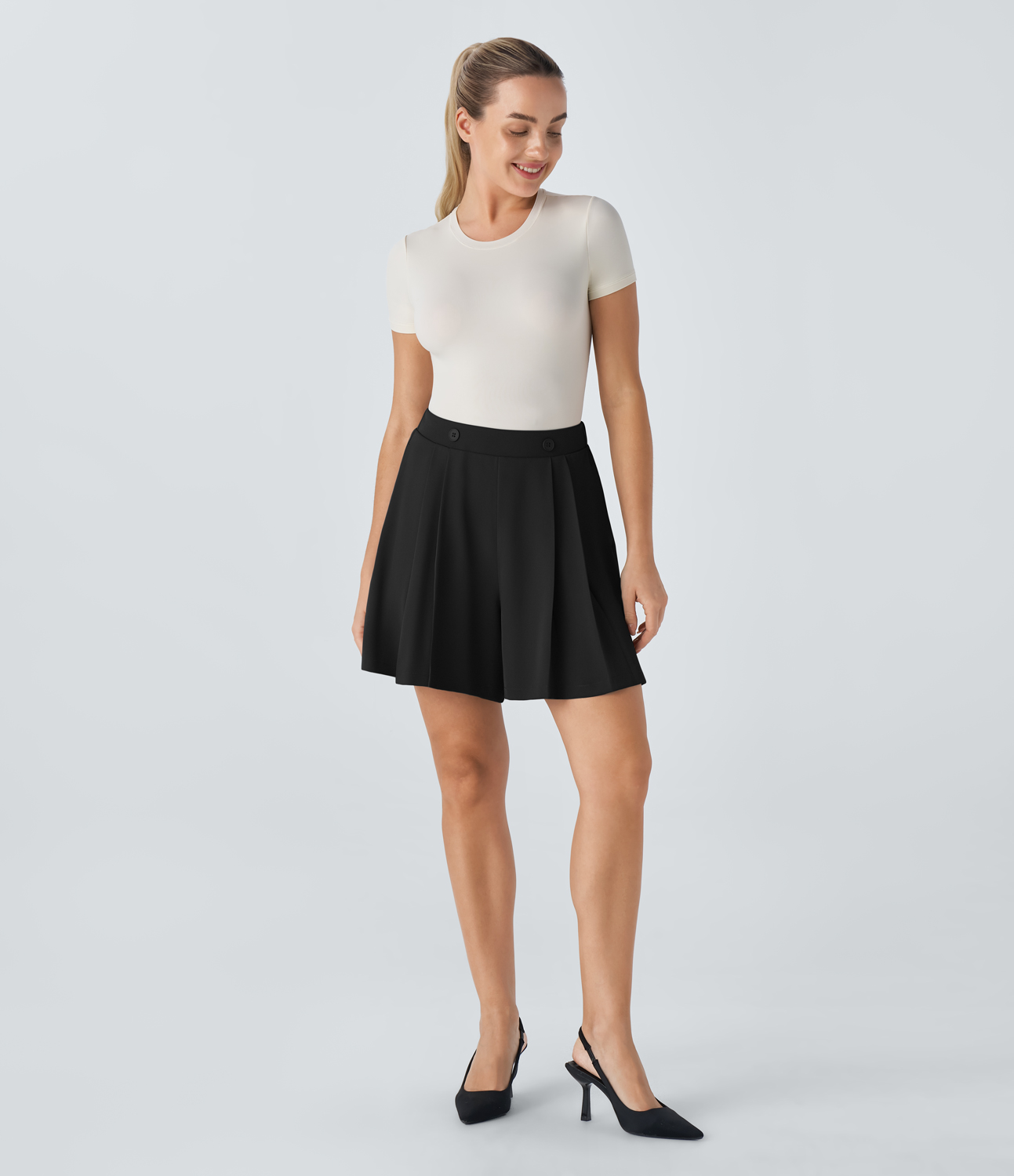 Halara High Waisted Decorative Button Side Pocket Pleated Work Shorts  - Black - L 