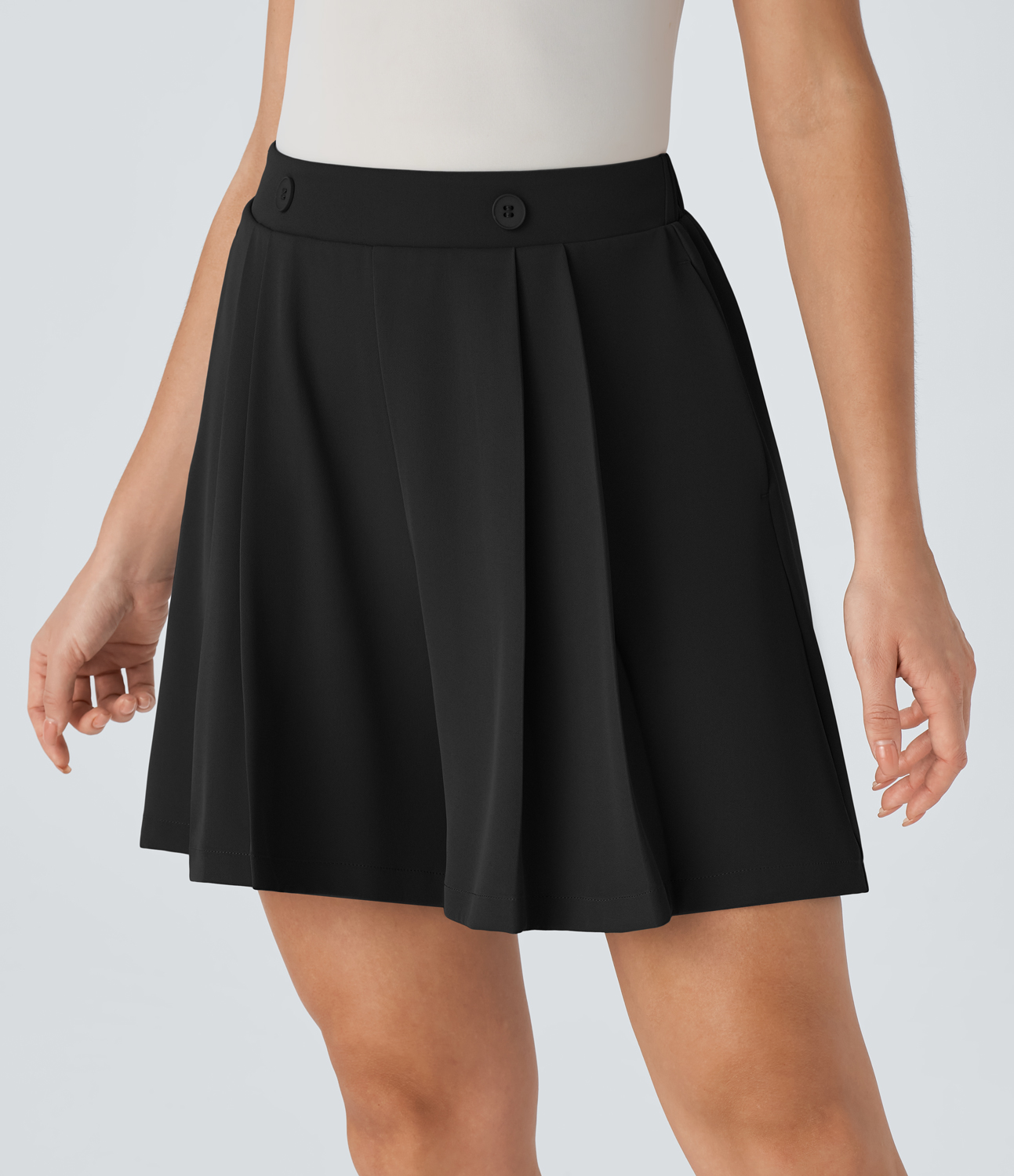 Halara High Waisted Decorative Button Side Pocket Pleated Work Shorts  - Black - L 