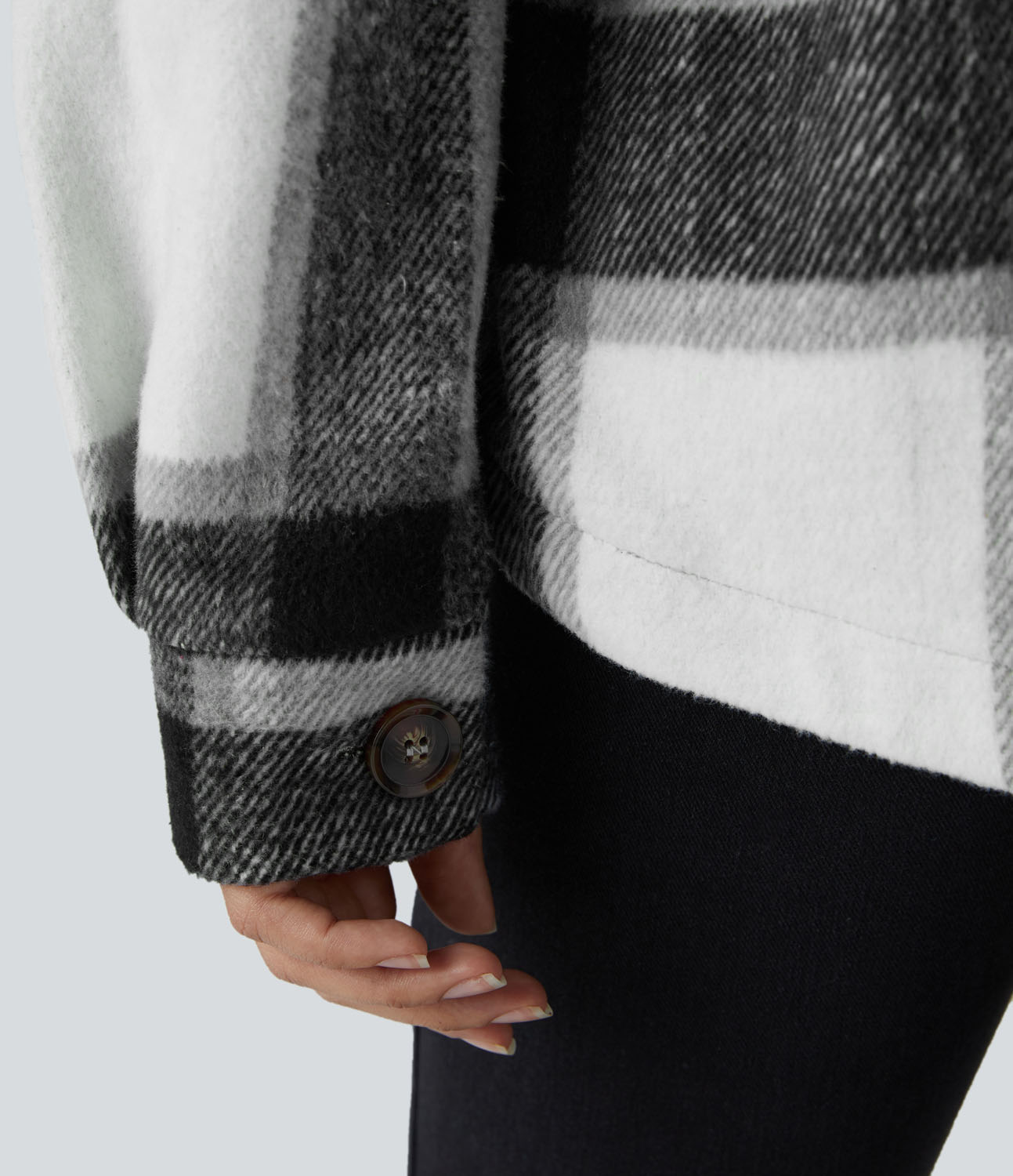 Halara Removable Hood Drawstring Button Long Sleeve Side Pocket Plaid Casual Jacket  - Black Grey Gingham - M 