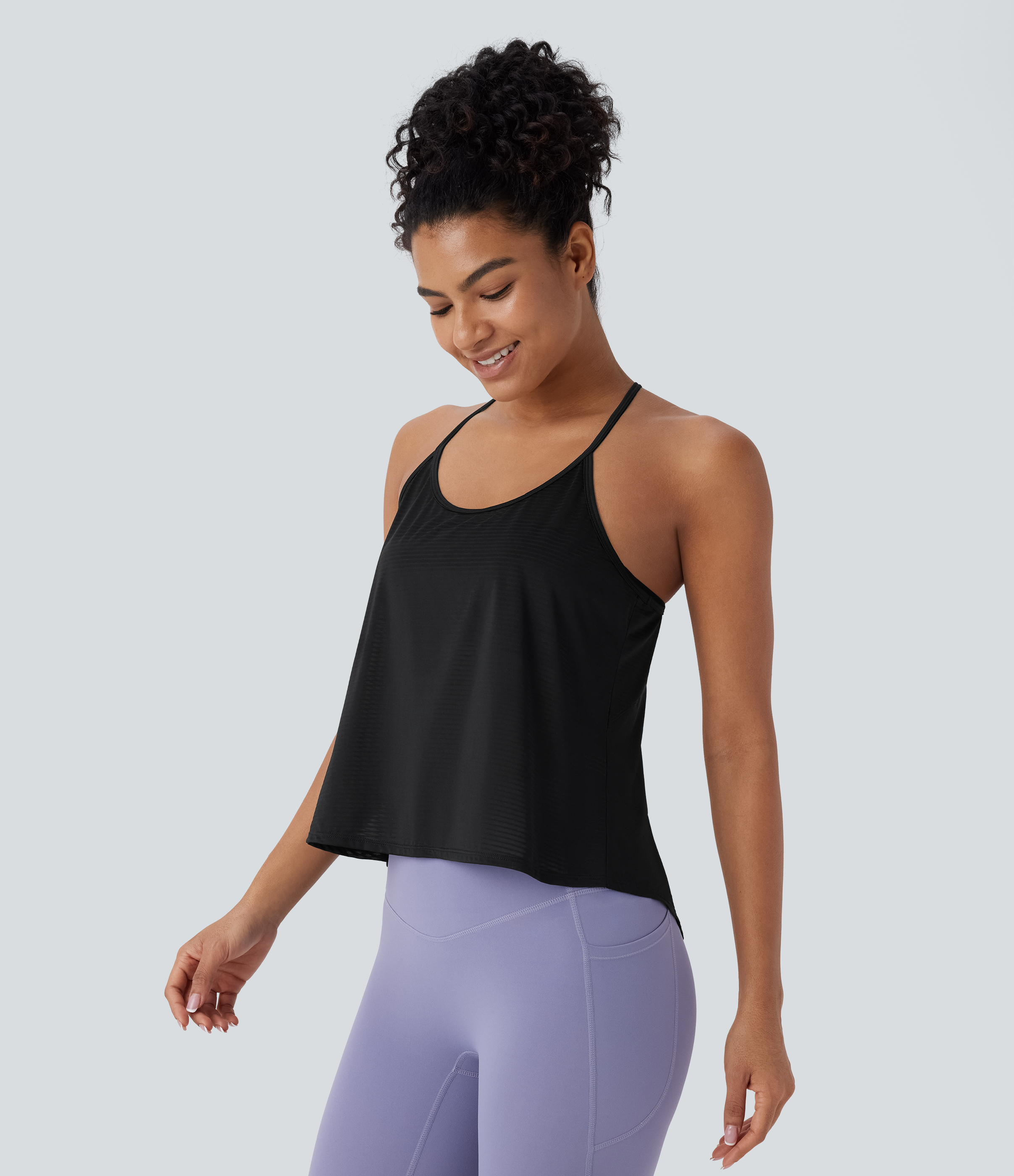 Halara Crisscross Backless Split Hem Yoga Cami Top Tank Top - Black - S golf tops halter top tunic tops sleeveless tops backless top 