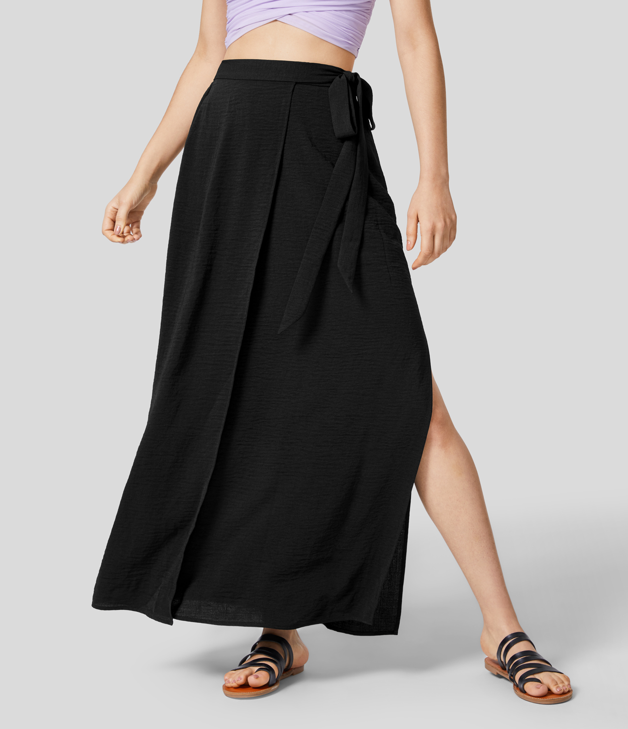 Halara High Waisted Wrapped Tie Side Pocket Split Flowy Maxi Casual Skirt  - Black - XS(regular) 