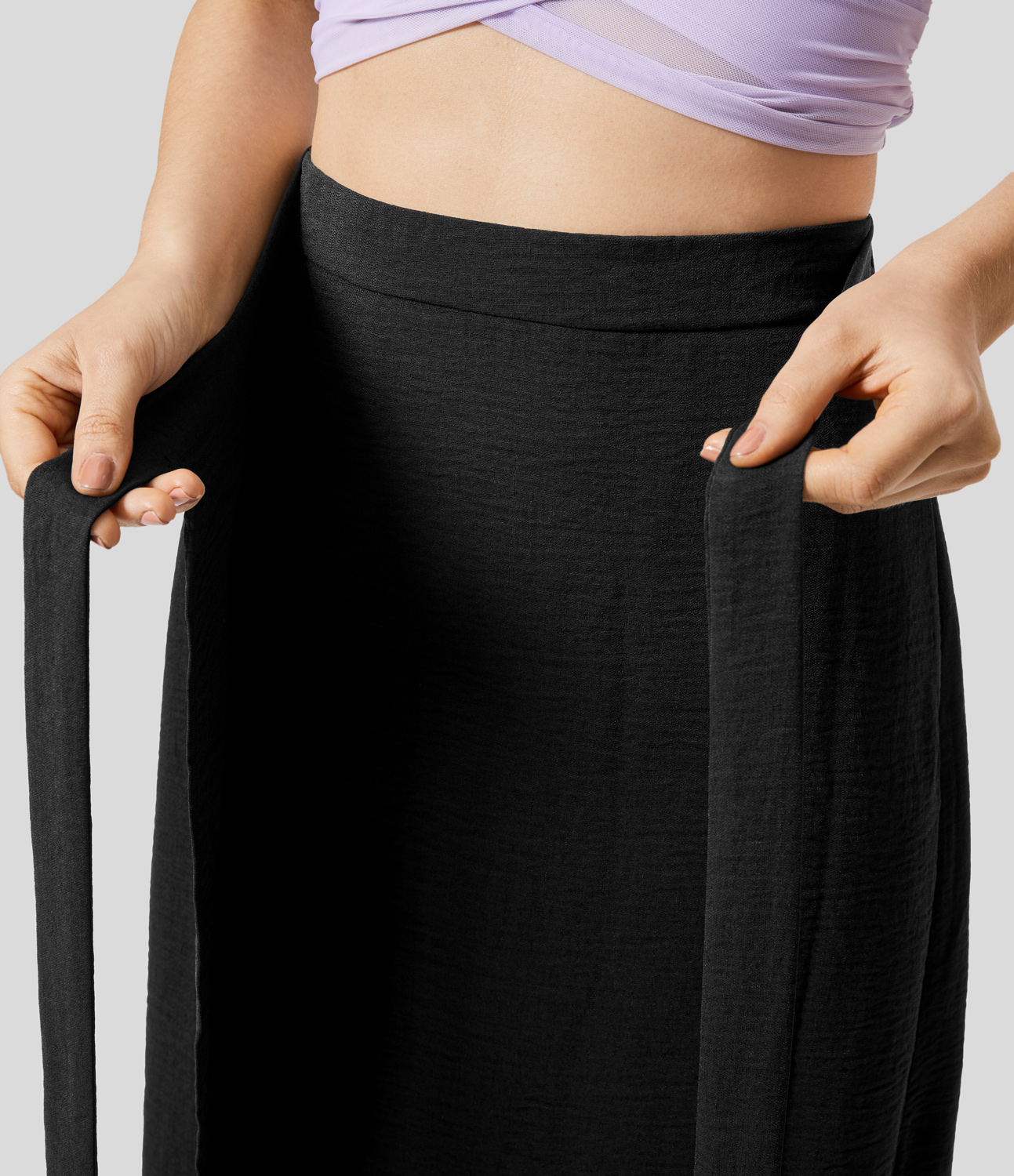 Halara High Waisted Wrapped Tie Side Pocket Split Flowy Maxi Casual Skirt  - Black - XS(regular) 