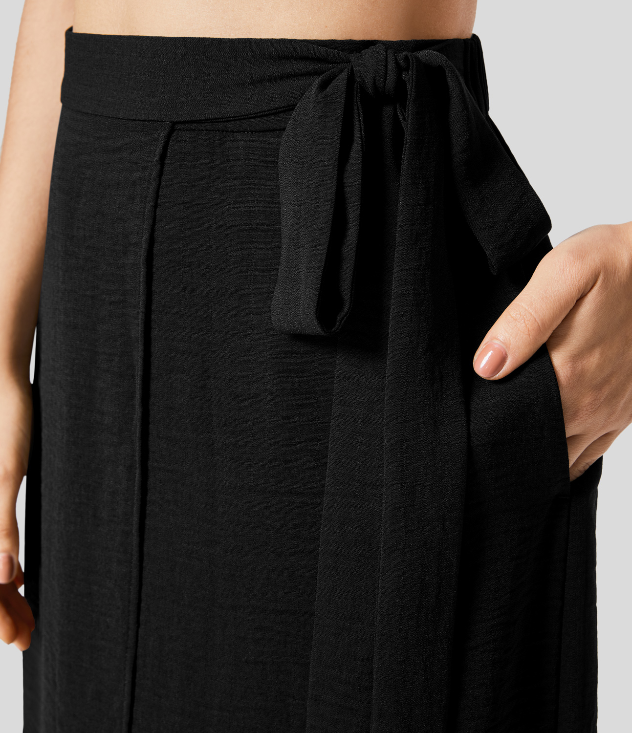 Halara High Waisted Wrapped Tie Side Pocket Split Flowy Maxi Casual Skirt  - Black - XS(regular) 