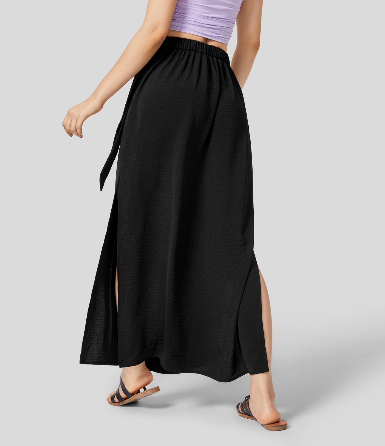 Halara High Waisted Wrapped Tie Side Pocket Split Flowy Maxi Casual Skirt  - Black - XS(regular) 