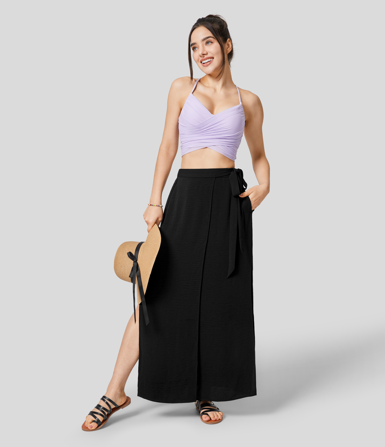 Halara High Waisted Wrapped Tie Side Pocket Split Flowy Maxi Casual Skirt  - Black - XS(regular) 