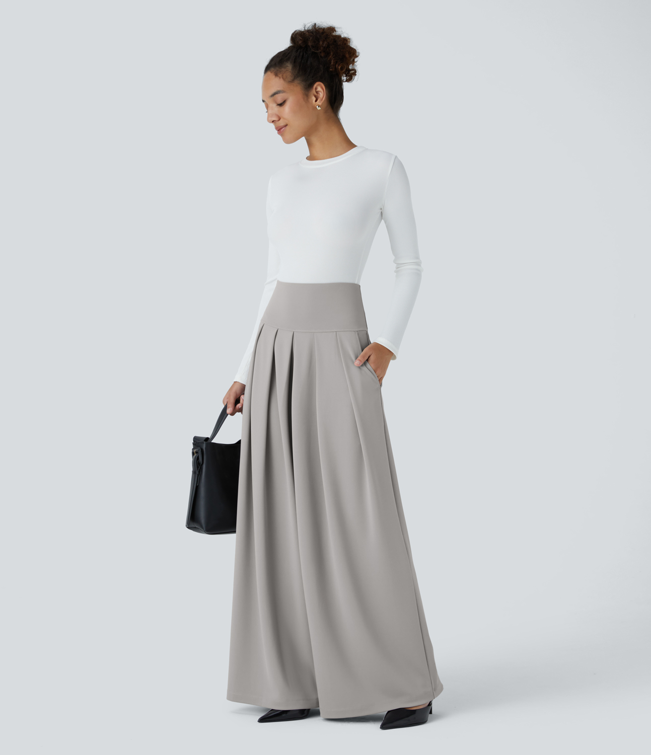 Halara Super High Waisted Pleated Side Pocket Wide Leg Crepe Work Pants  - Paloma - XL(regular) sweatpants jogger pants stacked sweatpants 
