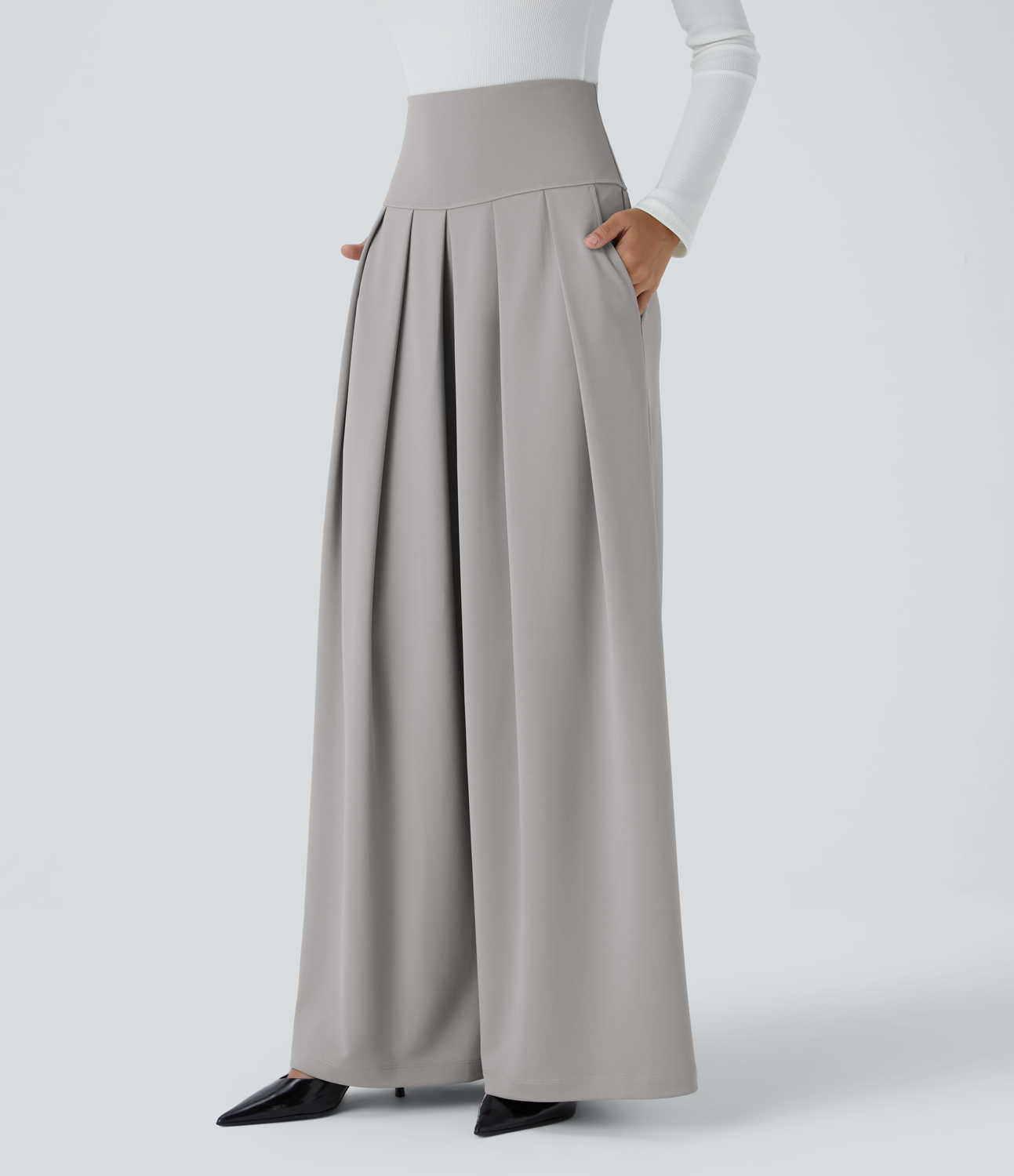 Halara Super High Waisted Pleated Side Pocket Wide Leg Crepe Work Pants  - Paloma - XL(regular) sweatpants jogger pants stacked sweatpants 