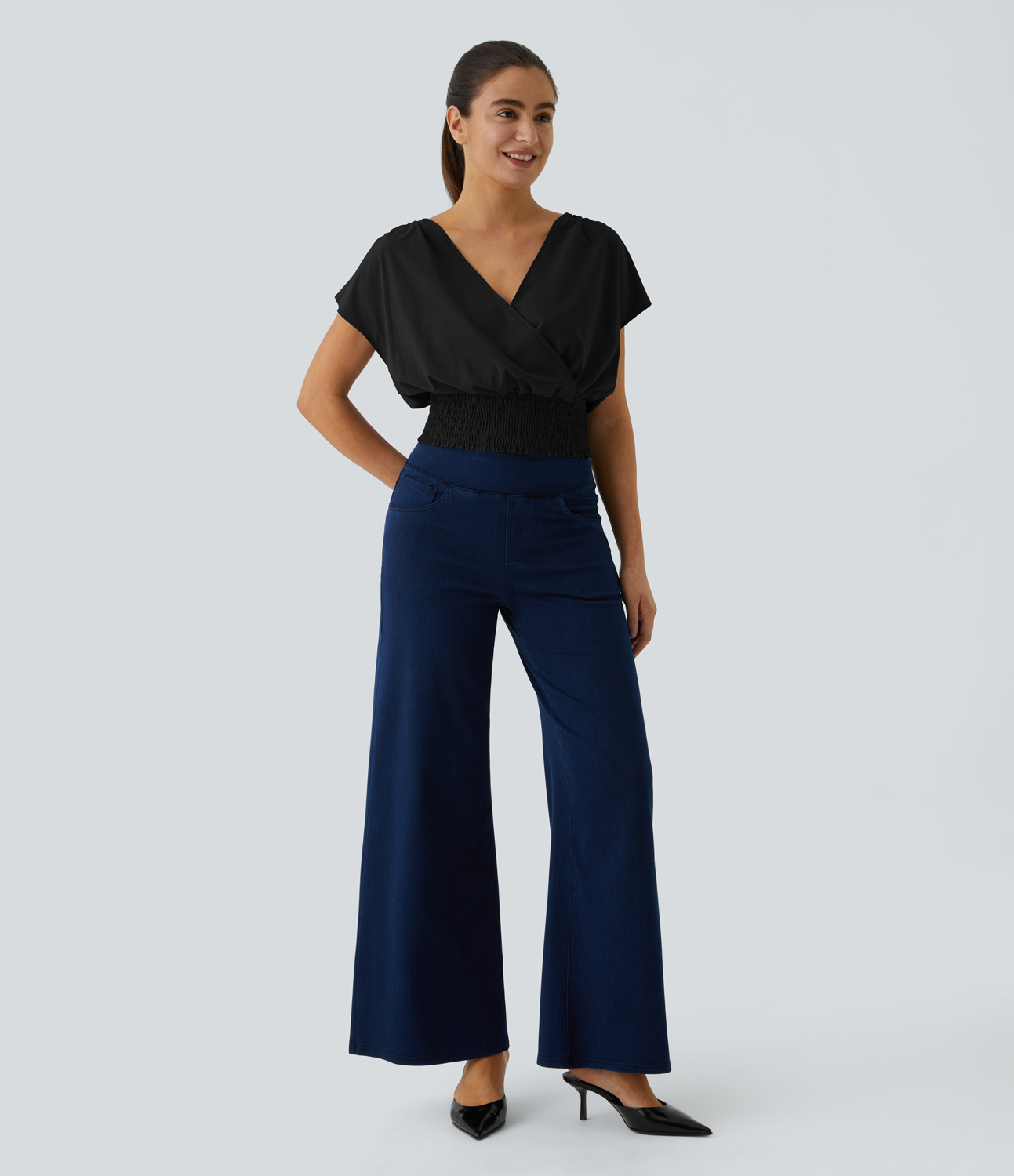 Halara Breezefulв„ў V Neck Crossover Short Sleeve Shirred Hem Quick Dry Cropped Casual Top Tank Top - Black - XS golf tops halter top 