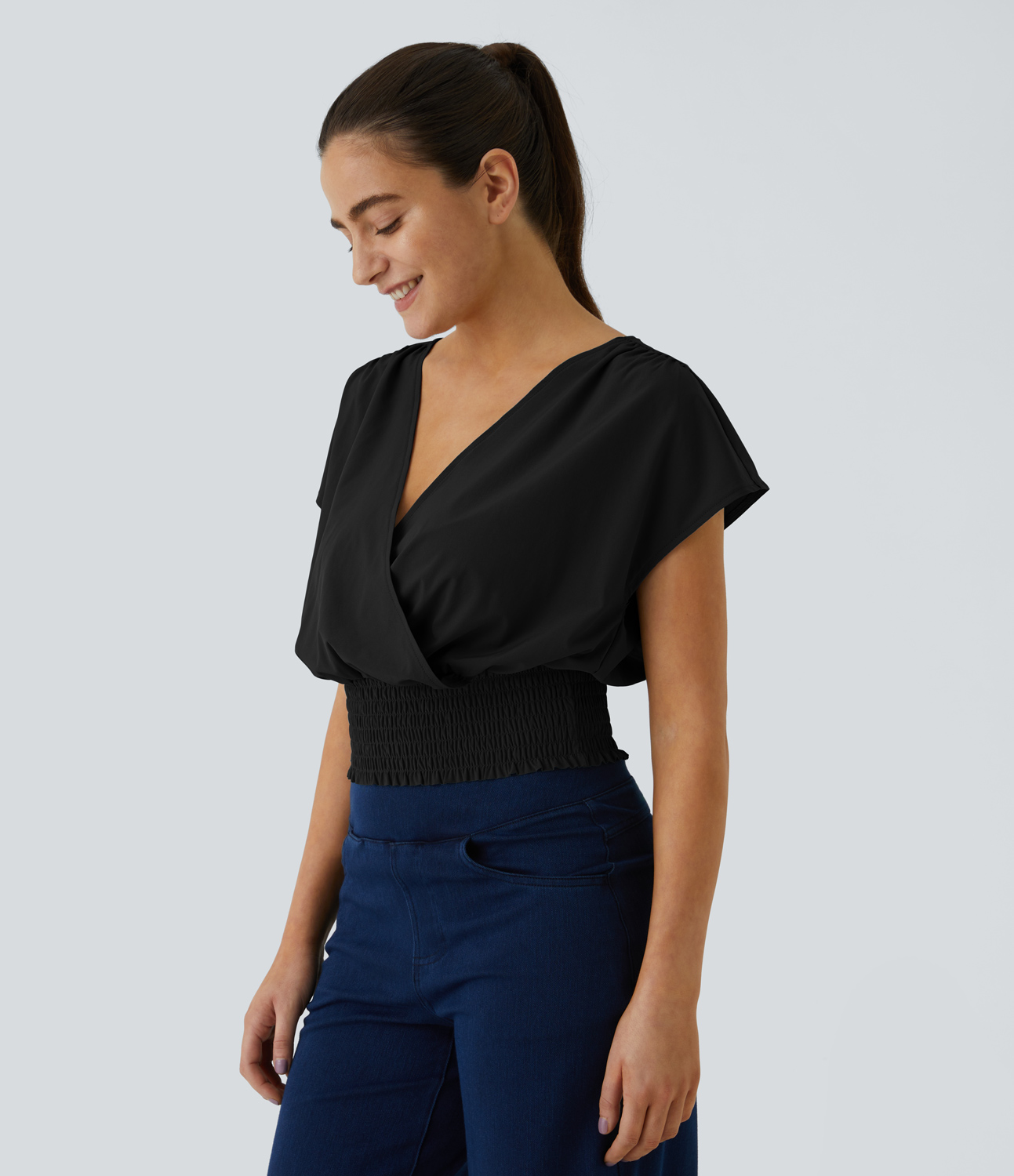 Halara Breezefulв„ў V Neck Crossover Short Sleeve Shirred Hem Quick Dry Cropped Casual Top Tank Top - Black - XS golf tops halter top 