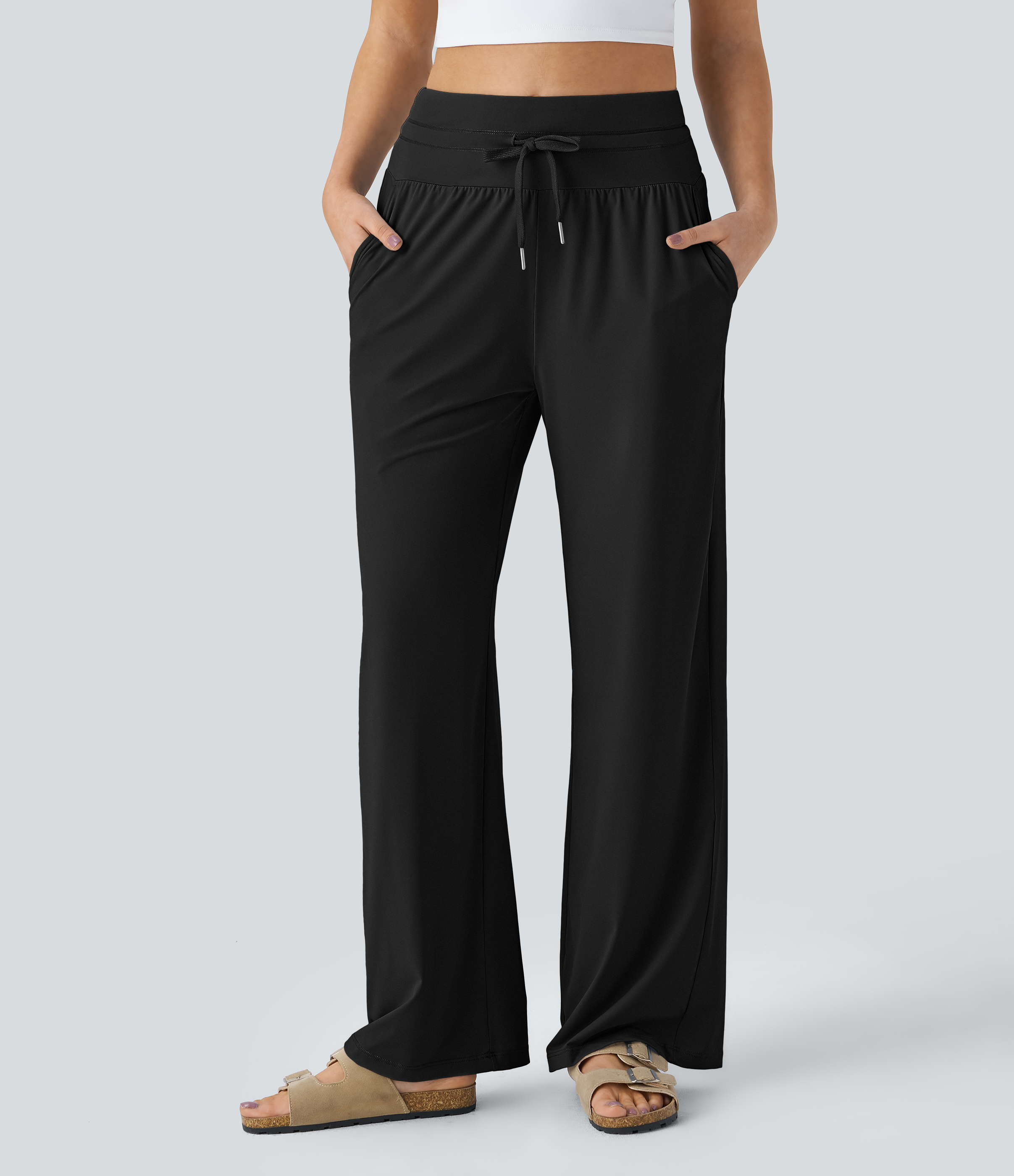 Halara High Waisted Drawstring Side Pocket Wide Leg Casual Pants  - Black - XL(regular) sweatpants jogger pants stacked sweatpants 