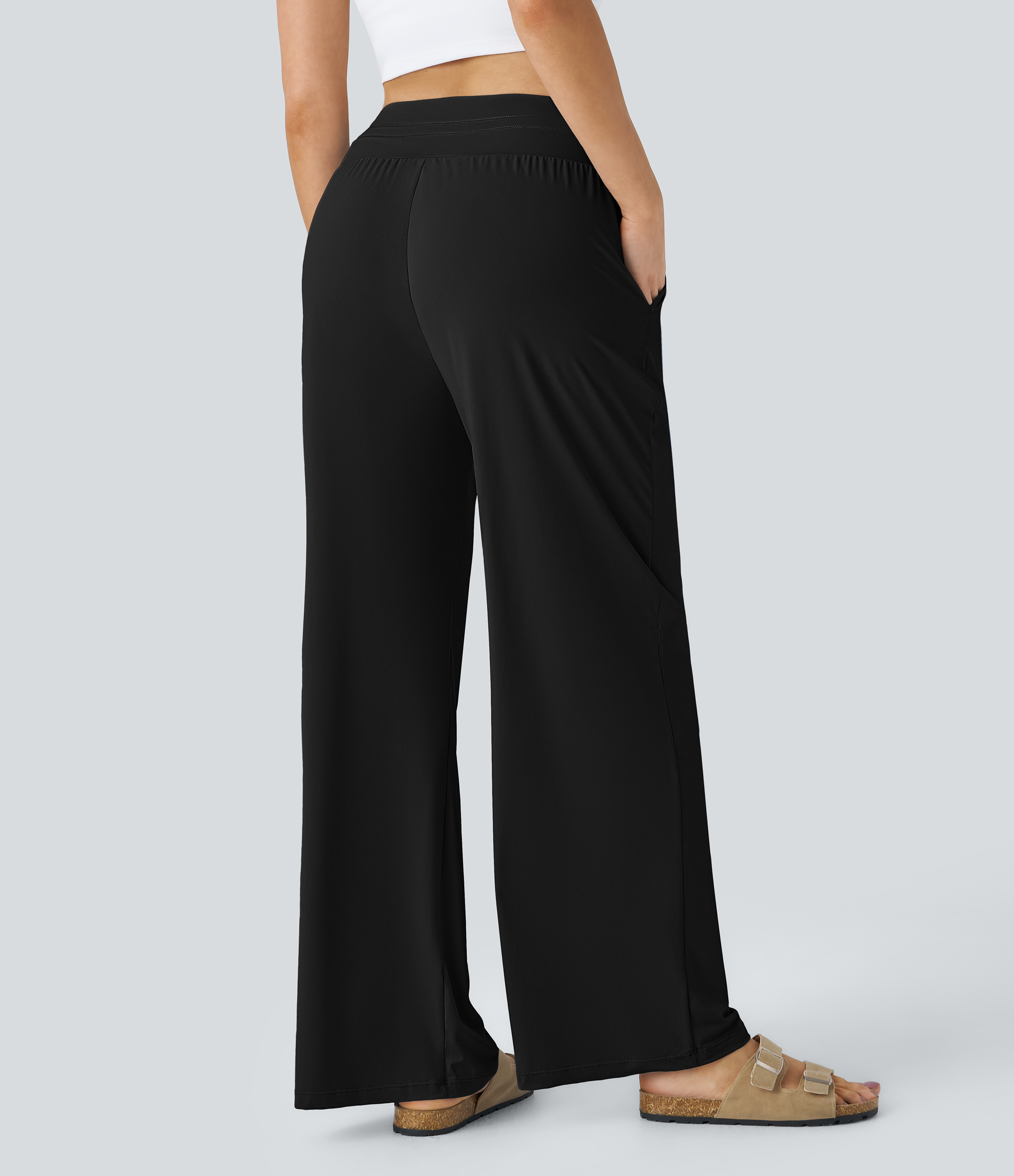 Halara High Waisted Drawstring Side Pocket Wide Leg Casual Pants  - Black - XL(regular) sweatpants jogger pants stacked sweatpants 