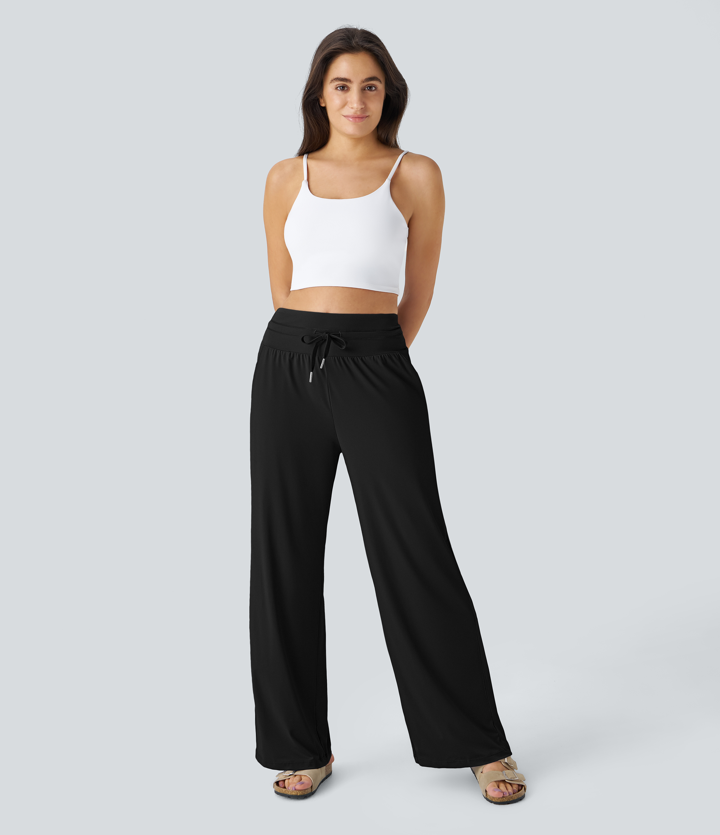 Halara High Waisted Drawstring Side Pocket Wide Leg Casual Pants  - Black - XL(regular) sweatpants jogger pants stacked sweatpants 