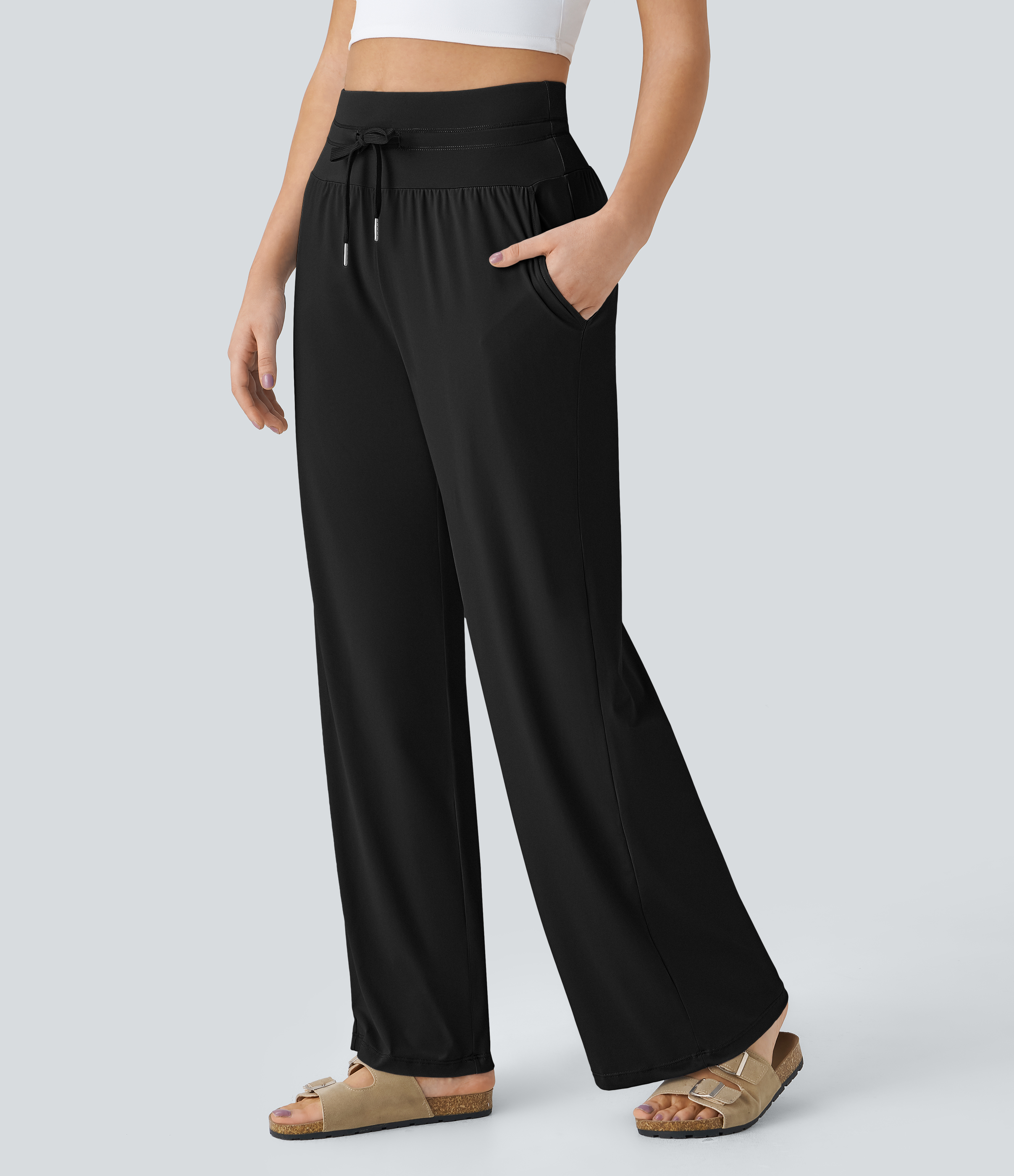 Halara High Waisted Drawstring Side Pocket Wide Leg Casual Pants  - Black - XL(regular) sweatpants jogger pants stacked sweatpants 