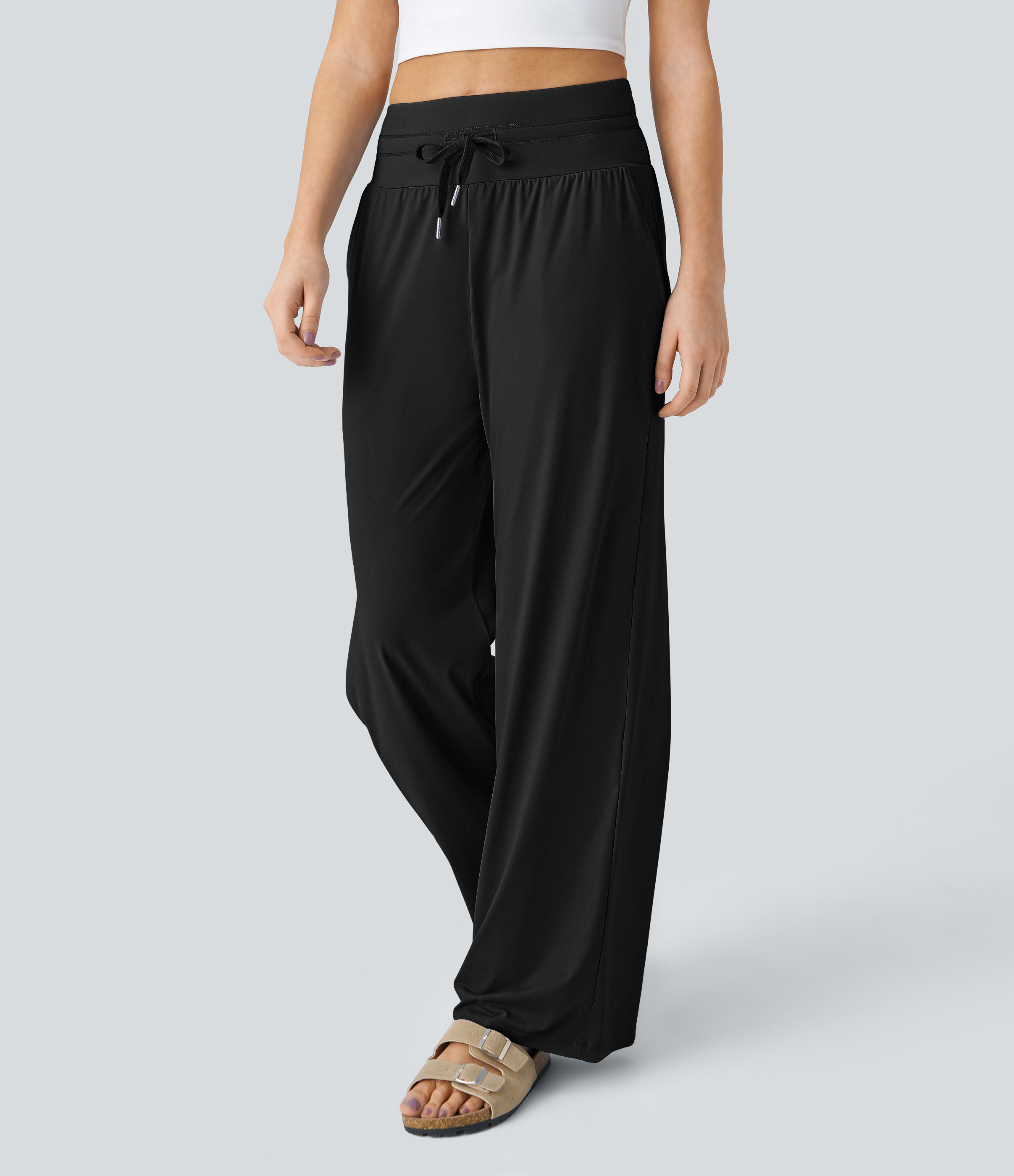 Halara High Waisted Drawstring Side Pocket Wide Leg Casual Pants  - Black - XL(regular) sweatpants jogger pants stacked sweatpants 