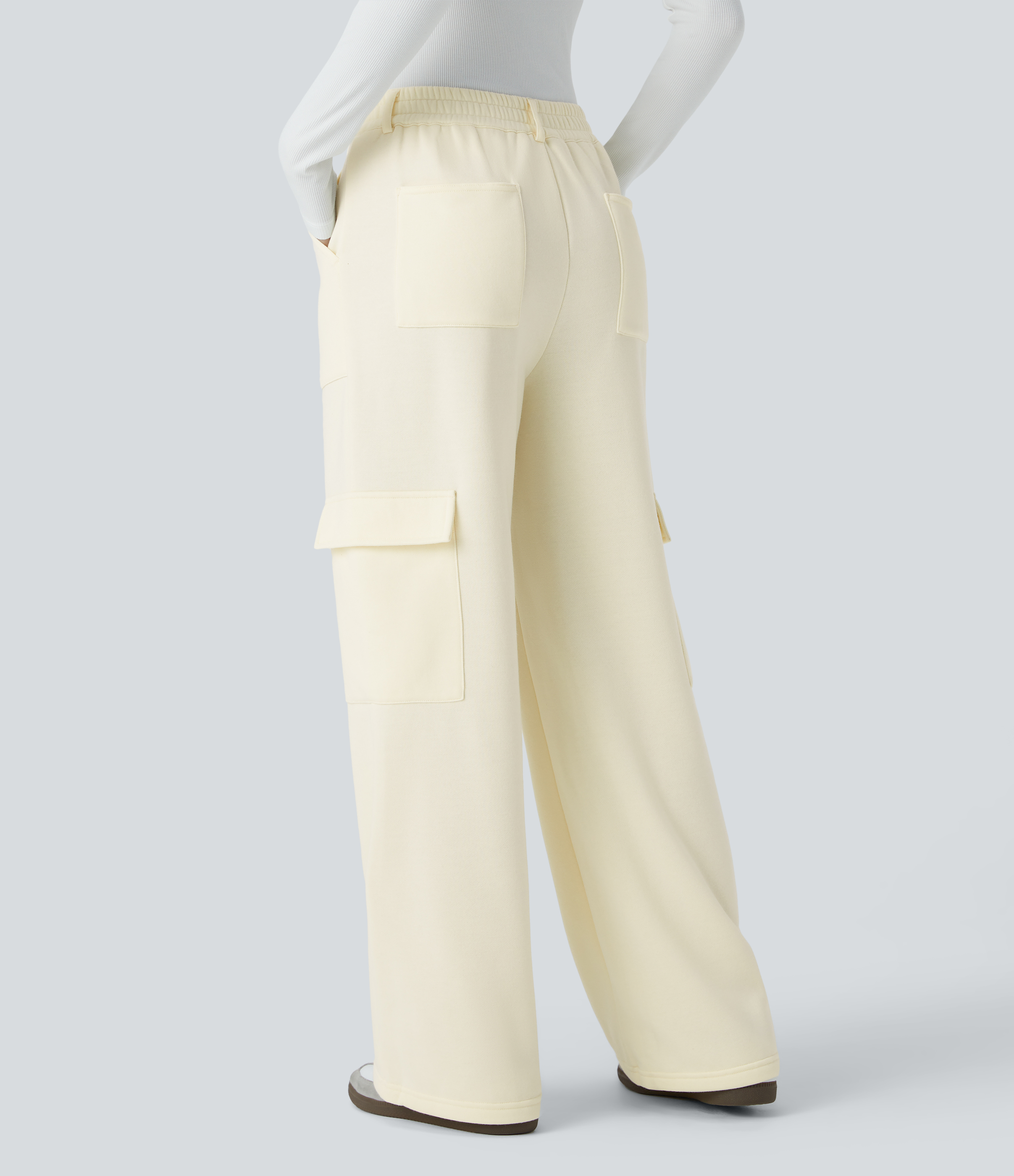 Halara Mid Rise Button Zipper Multiple Pockets Fleece Casual Cargo Pants  - Vanilla Ice - M(regular) sweatpants jogger pants 
