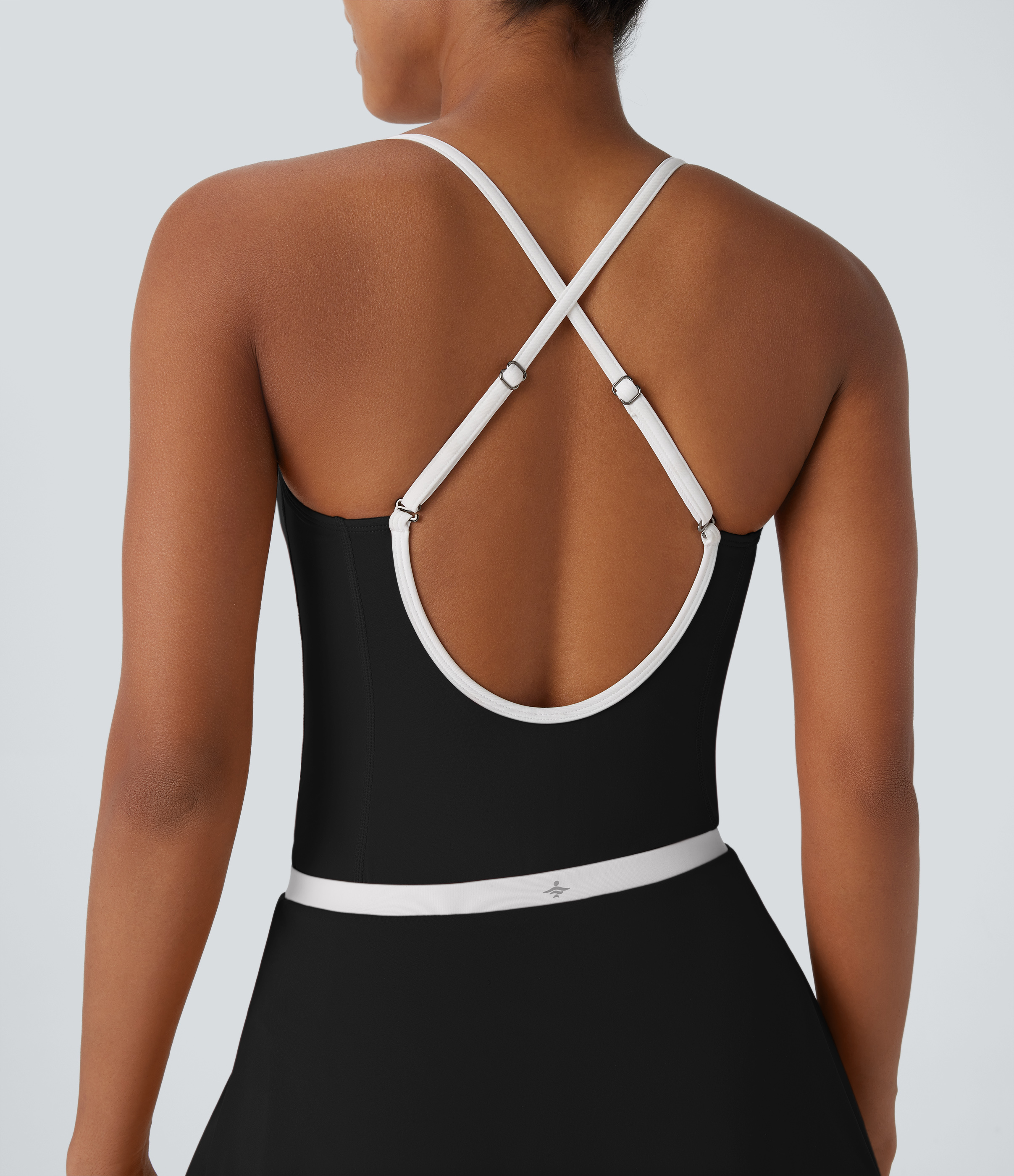 Halara Softlyzeroв„ў Airy Backless Adjustable Strap Color Block Side Pocket 2 Piece Set Cool Touch Yoga Bodysuit & Skirt Workout Dress - Black - XL 