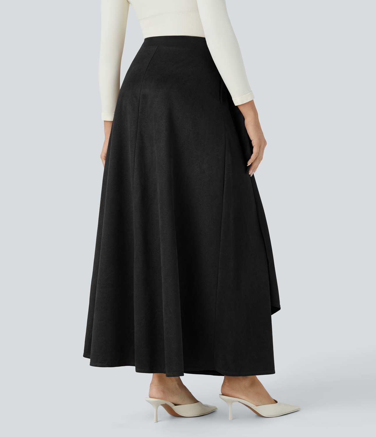 Halara High Waisted Wrapped Tie Side Pocket Suede Maxi Work Skirt  - Black - XS(regular) 