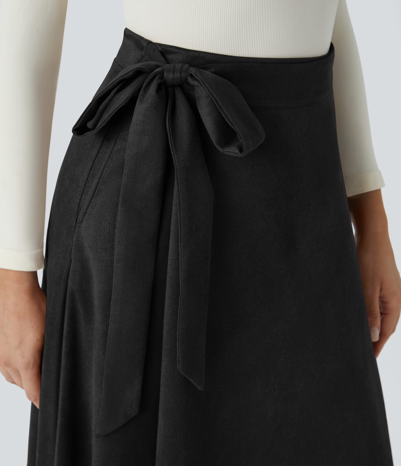 Halara High Waisted Wrapped Tie Side Pocket Suede Maxi Work Skirt  - Black - XS(regular) 