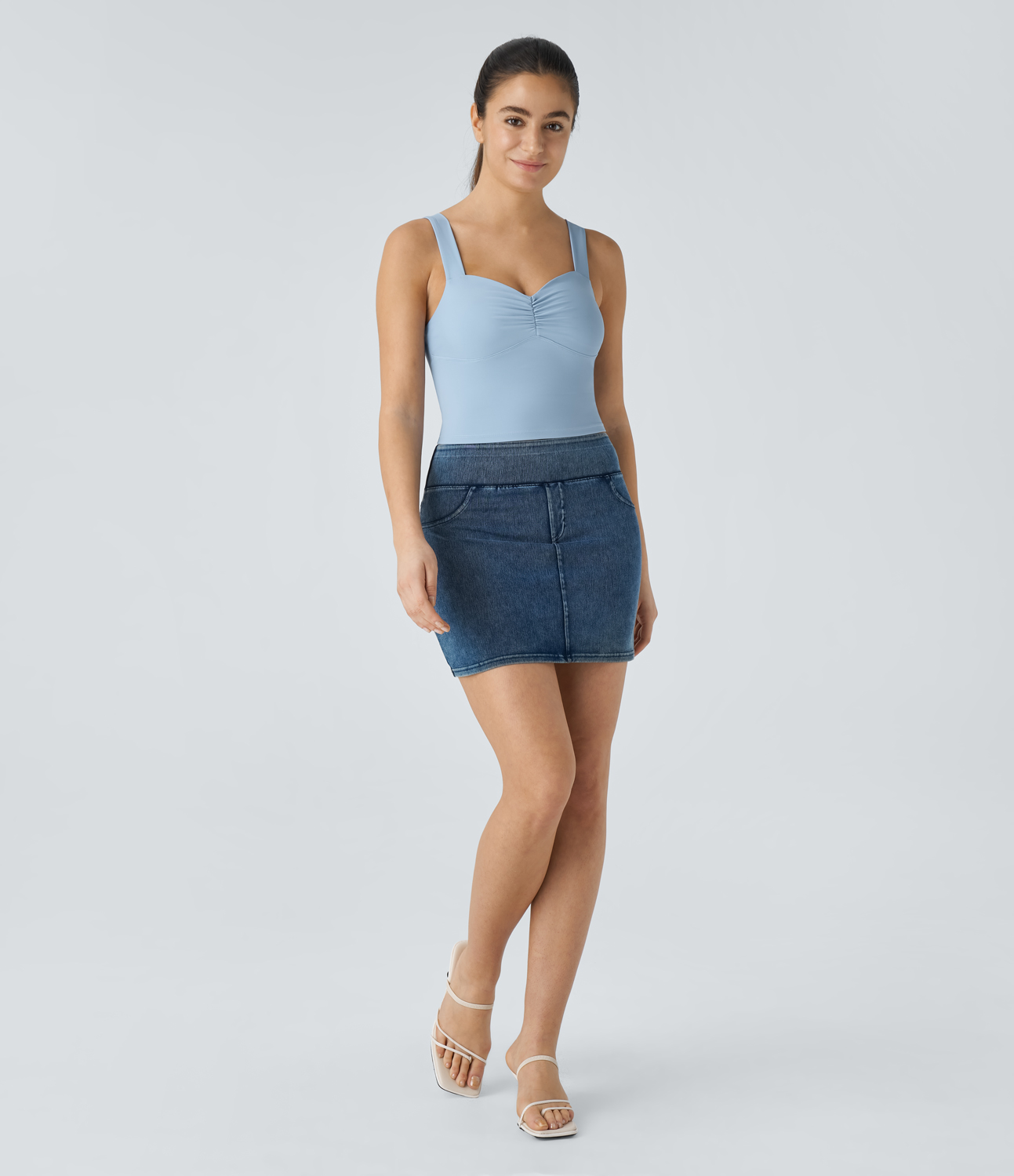 Halara Softlyzeroв„ў Airy Sweetheart Neck Ruched Skinny Cool Touch Casual Tank Top-UPF50+ Tank Top - Angel Falls - S golf tops halter top 