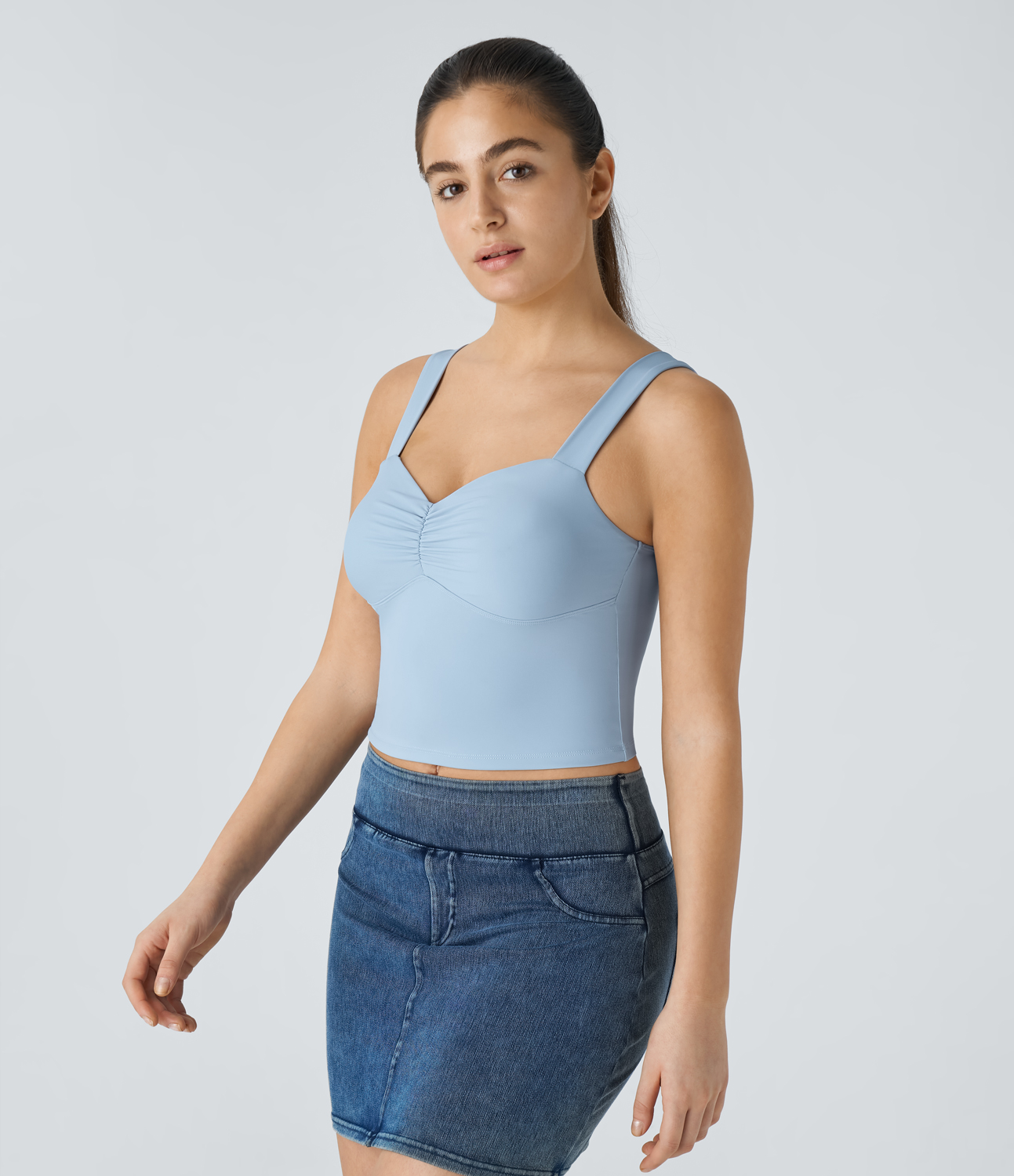 Halara Softlyzeroв„ў Airy Sweetheart Neck Ruched Skinny Cool Touch Casual Tank Top-UPF50+ Tank Top - Angel Falls - S golf tops halter top 