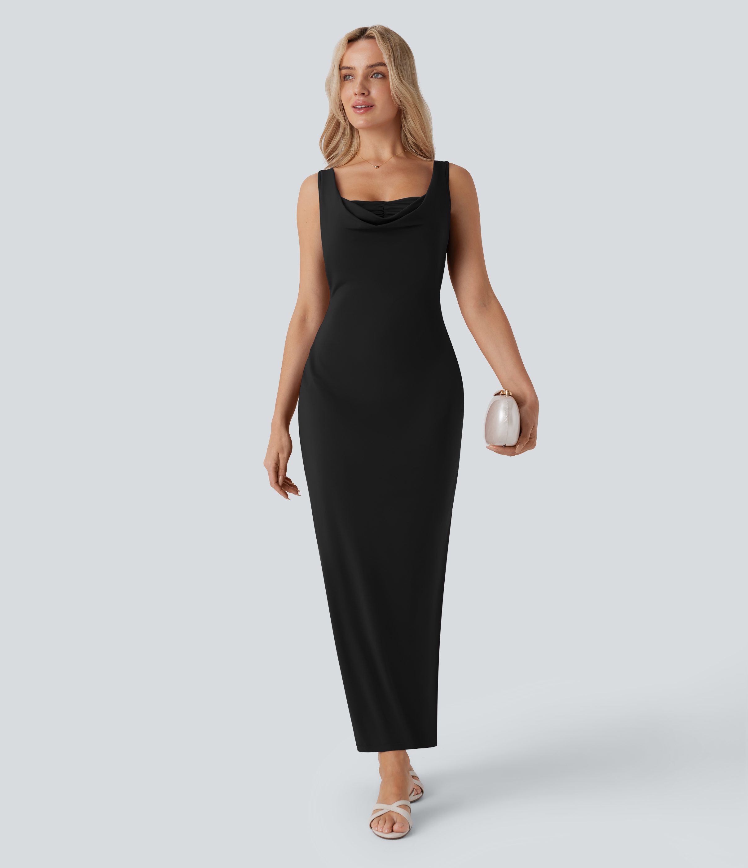 Halara Cowl Neck Sleeveless Ruched Slim Maxi Party Dress Casual Dress - Black - XL slip dress beach dress ruched dress halter dress 