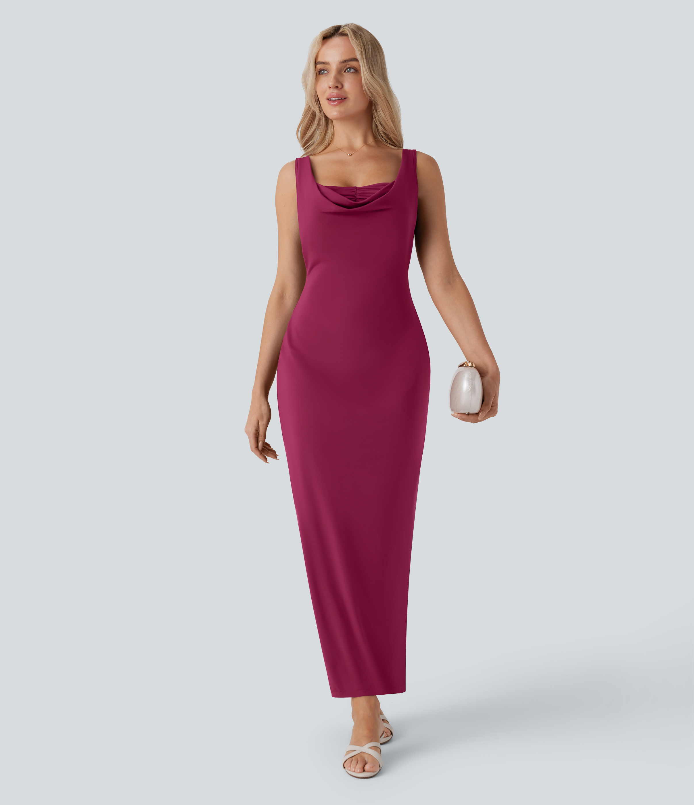 Halara Cowl Neck Sleeveless Ruched Slim Maxi Party Dress Casual Dress - Rhododendron - L slip dress beach dress ruched dress halter dress 