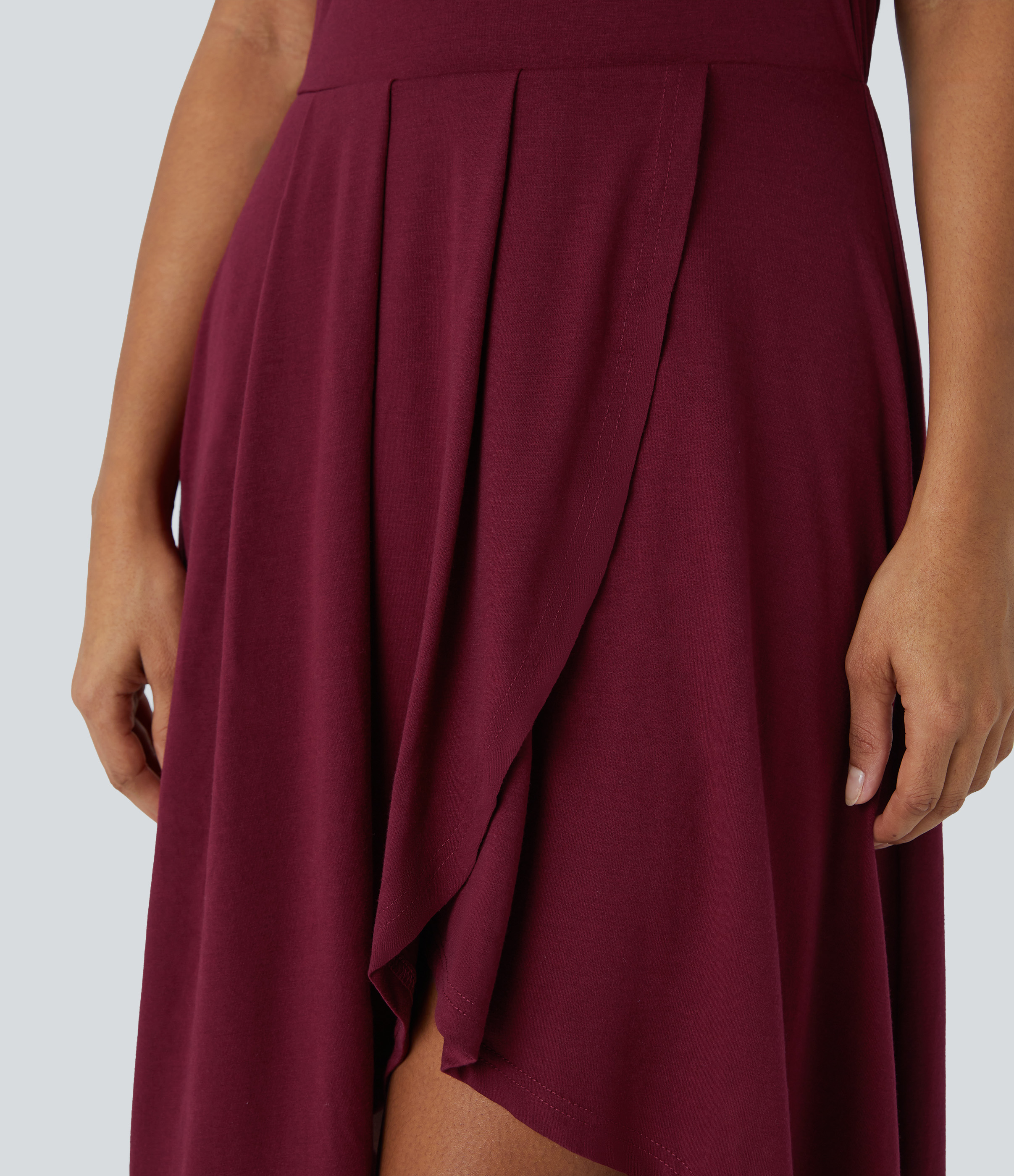 Halara Deep V Neck Sleeveless Plicated High Low Crossover Hem Flowy Midi Casual Dress Casual Dress - Burgundy - S slip dress beach dress 