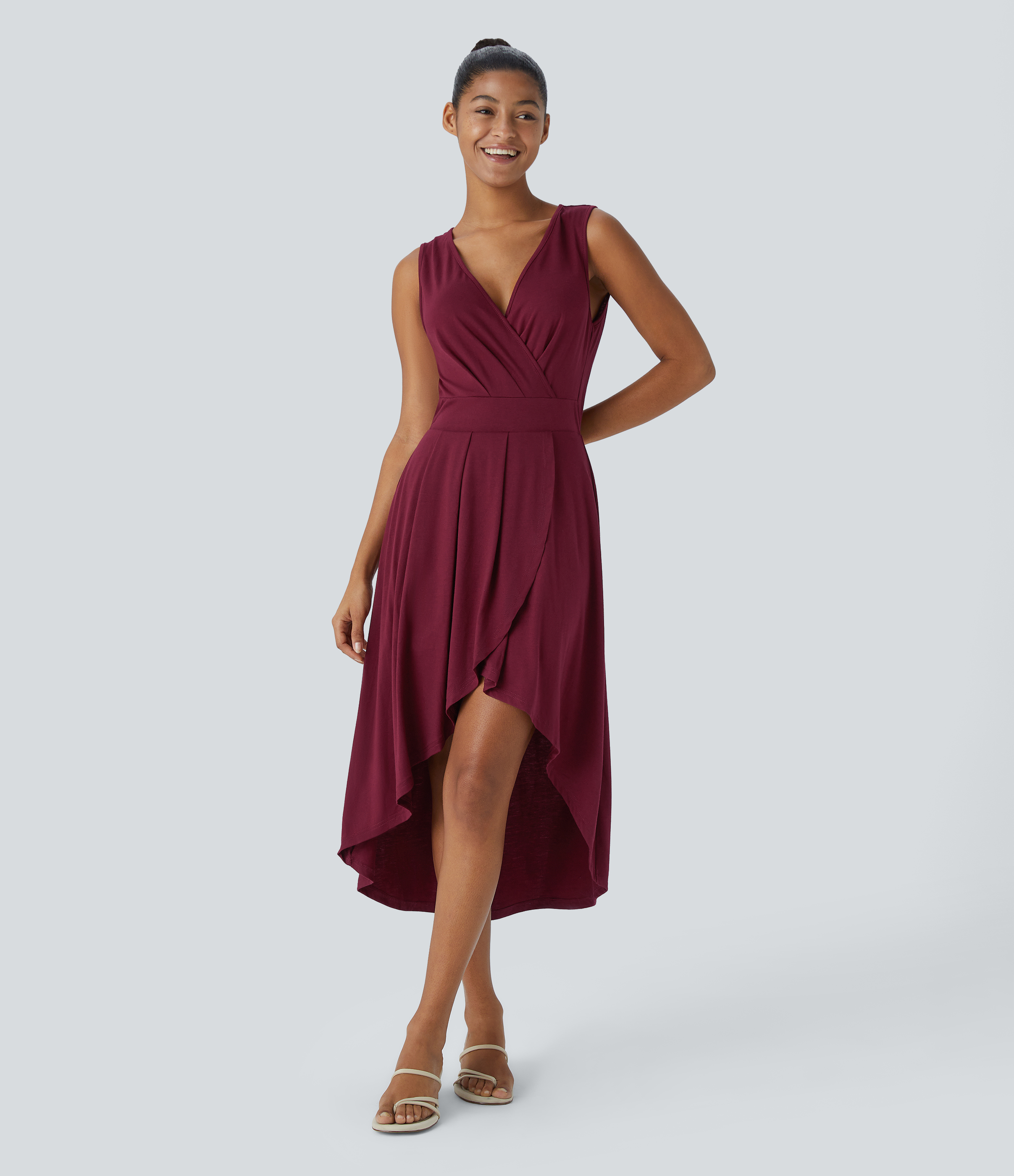 Halara Deep V Neck Sleeveless Plicated High Low Crossover Hem Flowy Midi Casual Dress Casual Dress - Burgundy - S slip dress beach dress 