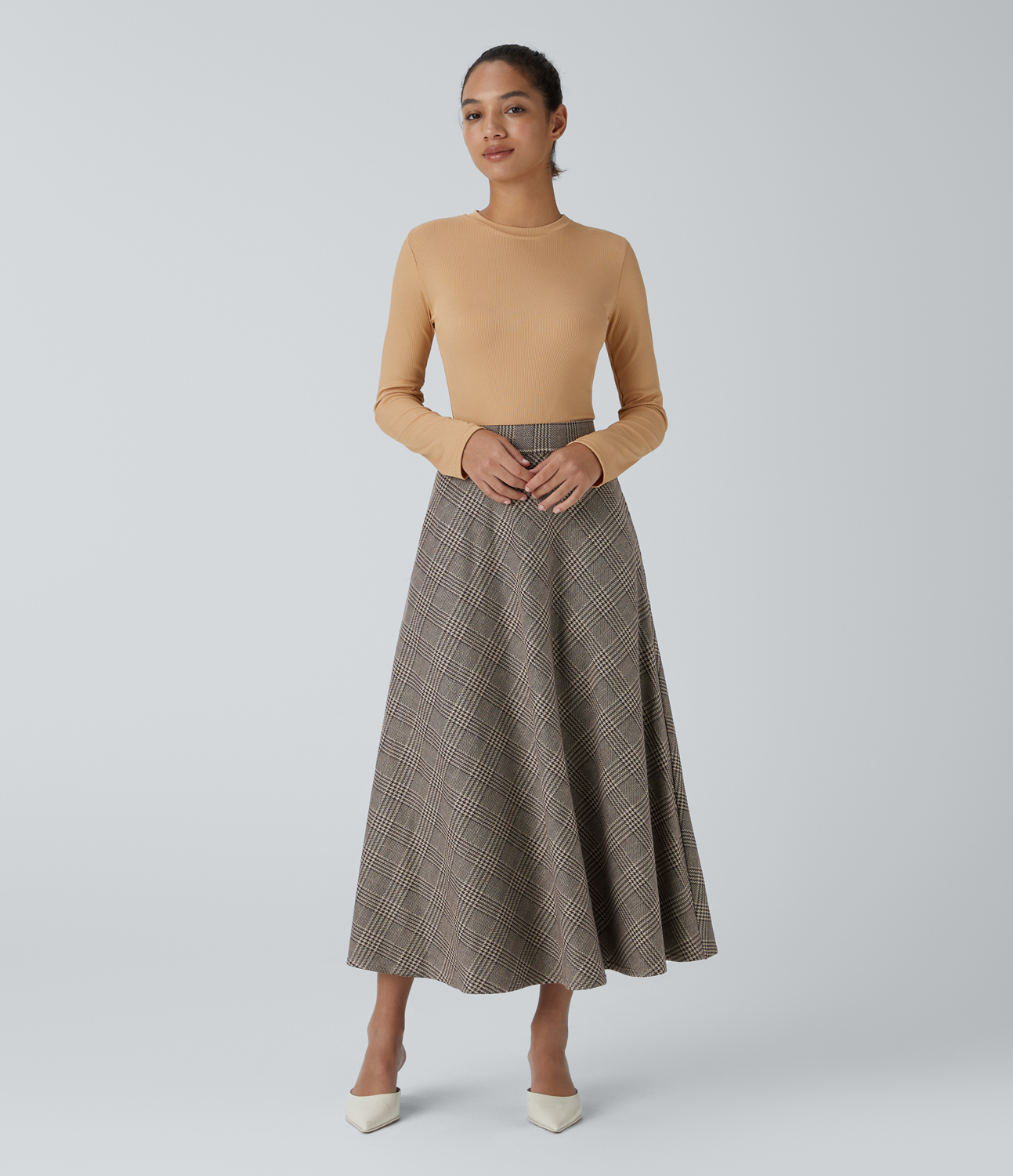 Halara High Waisted Side Pocket Houndstooth Plaid Flare Midi Casual Skirt  - Brown Houndstooth Plaid - L(regular) 
