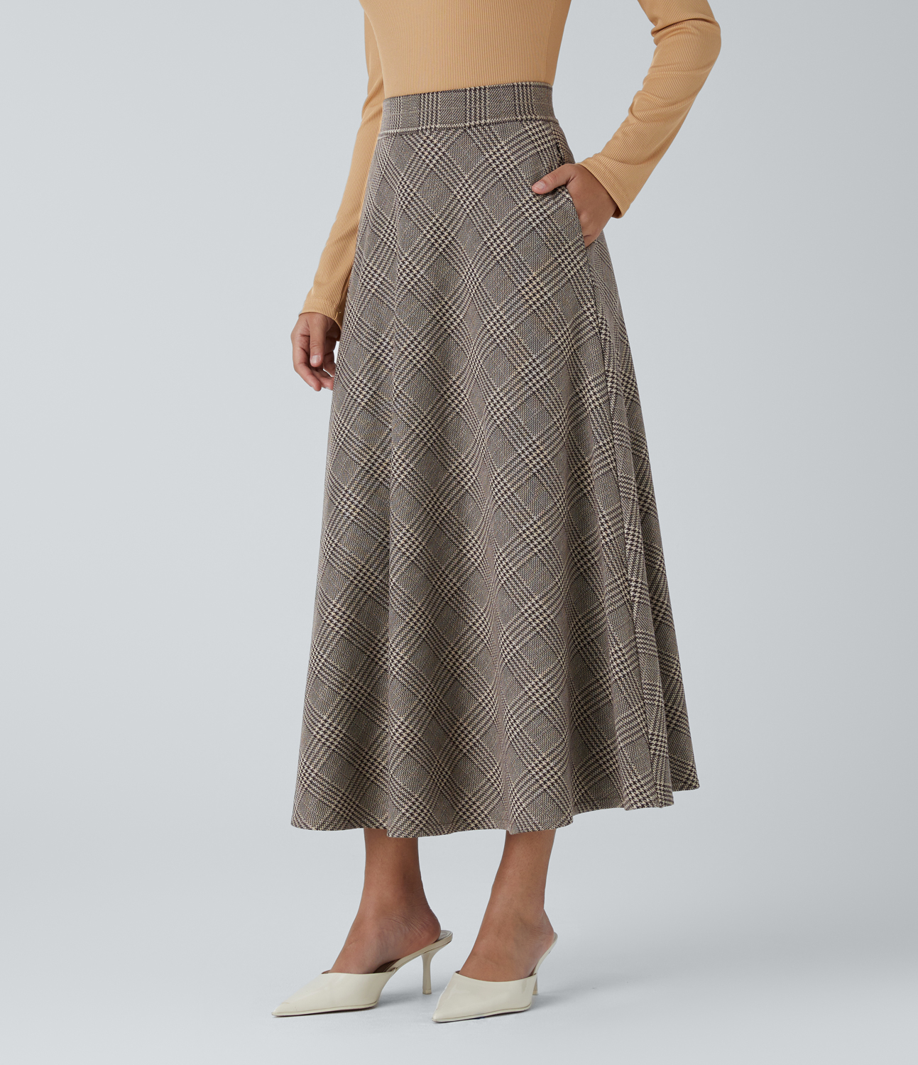Halara High Waisted Side Pocket Houndstooth Plaid Flare Midi Casual Skirt  - Brown Houndstooth Plaid - L(regular) 
